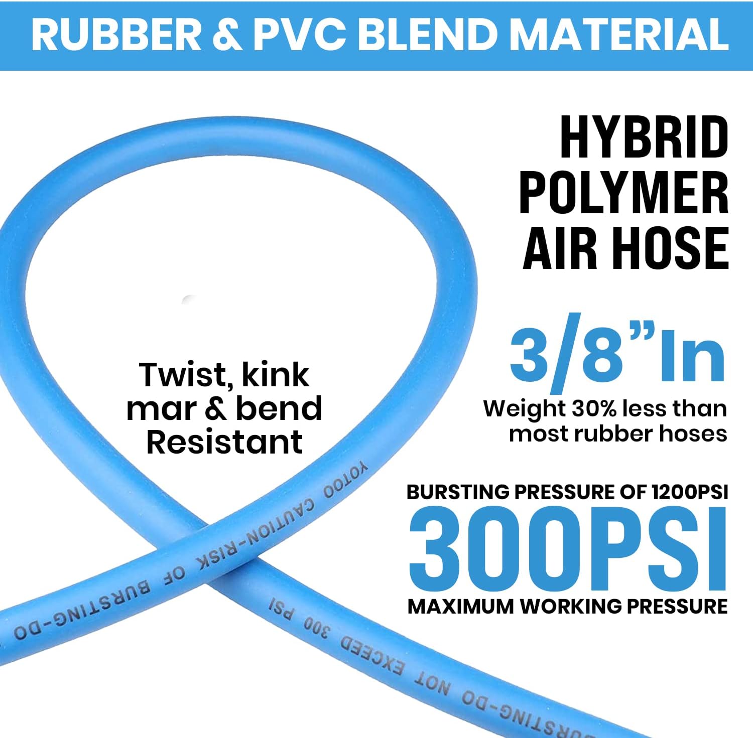 YOTOO Air Hose 3/8 in x 50 ft, Heavy Duty Hybrid Air Compressor Hose, Flexible, Lightweight, Kink Resistant with 1/4" Industrial Quick Coupler Fittings, Bend Restrictors, Blue