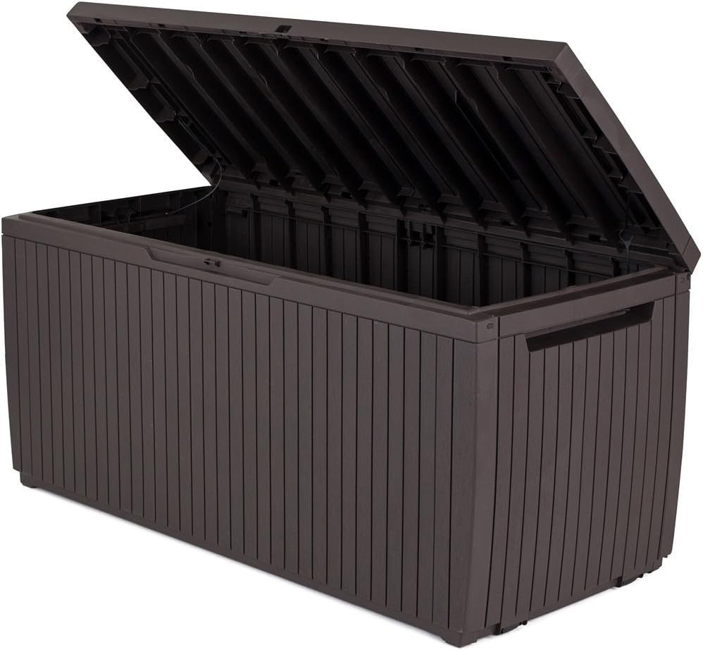 Keter Springwood 80 Gallon Resin Outdoor Storage Box for Patio Furniture Cushions, Pool Toys, and Garden Tools with Handles, Brown