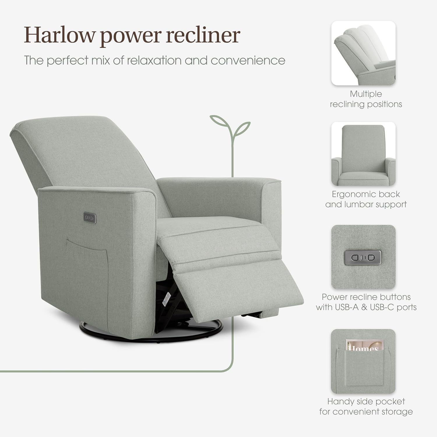 évolur Harlow Upholstered Power Glider Recliner with USB Charging – Rocking & 275° Swivel with Smooth Glide – Greenguard Gold & FSC