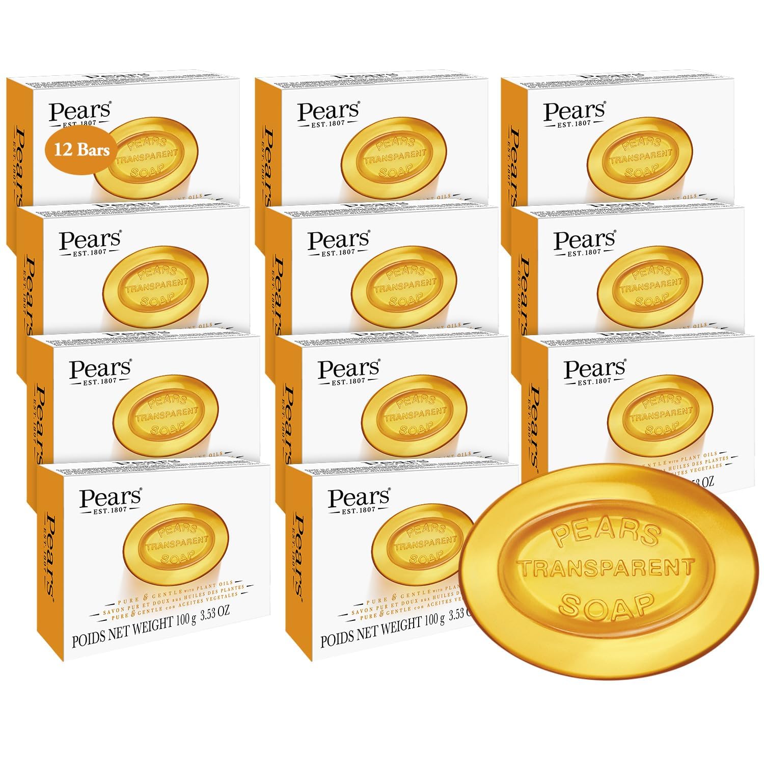 Pears Soap, Pure & Gentle with Natural Oils, 2-Pack – Transparent Amber Glycerin Soap for Pampered, Glowing Skin, 3.53 Oz Ea