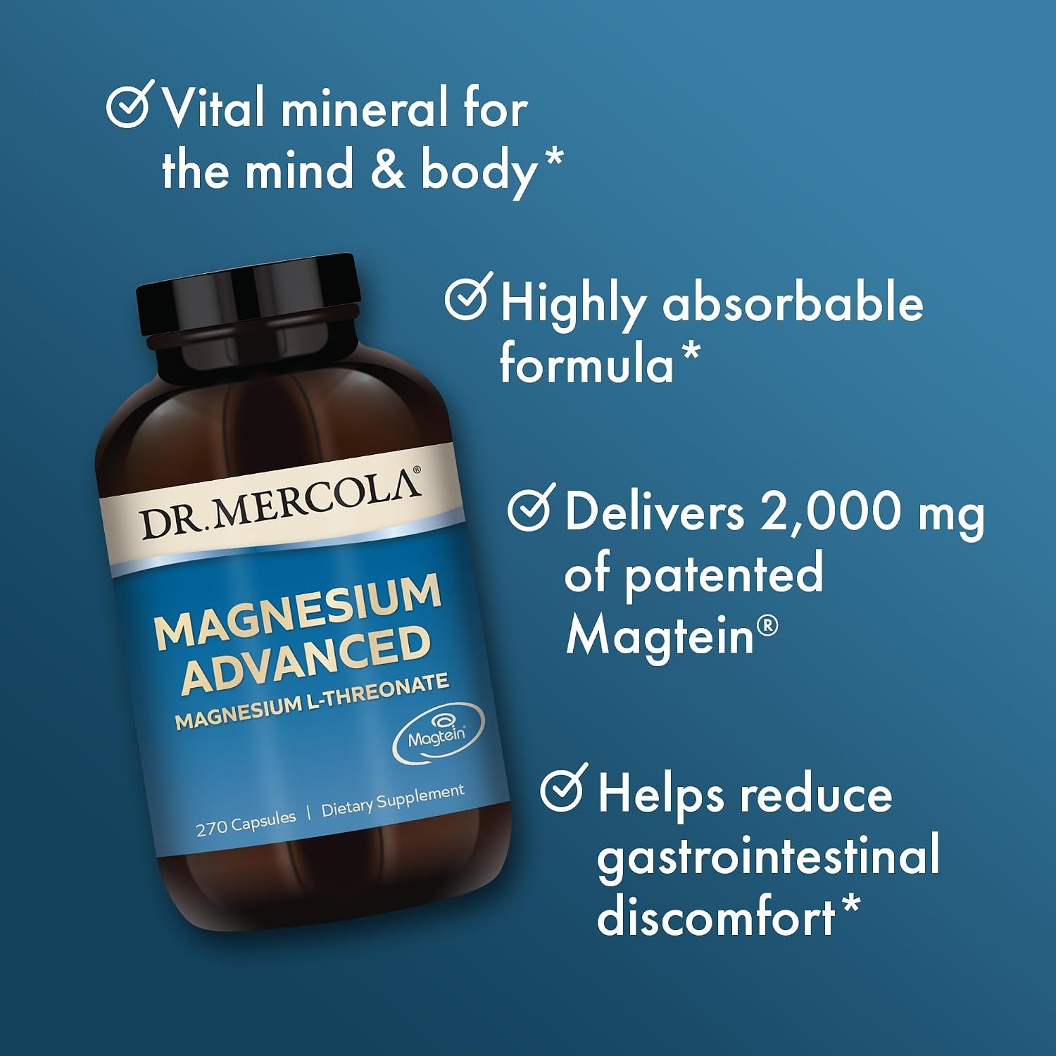 Dr. Mercola Magnesium L-Threonate, Magnesium Advanced Supplement with Magtein, 2000 mg per Serving, High Bioavailability for Cognitive Support, Memory & Brain Health, Non-GMO, Gluten Free, 90 Capsule