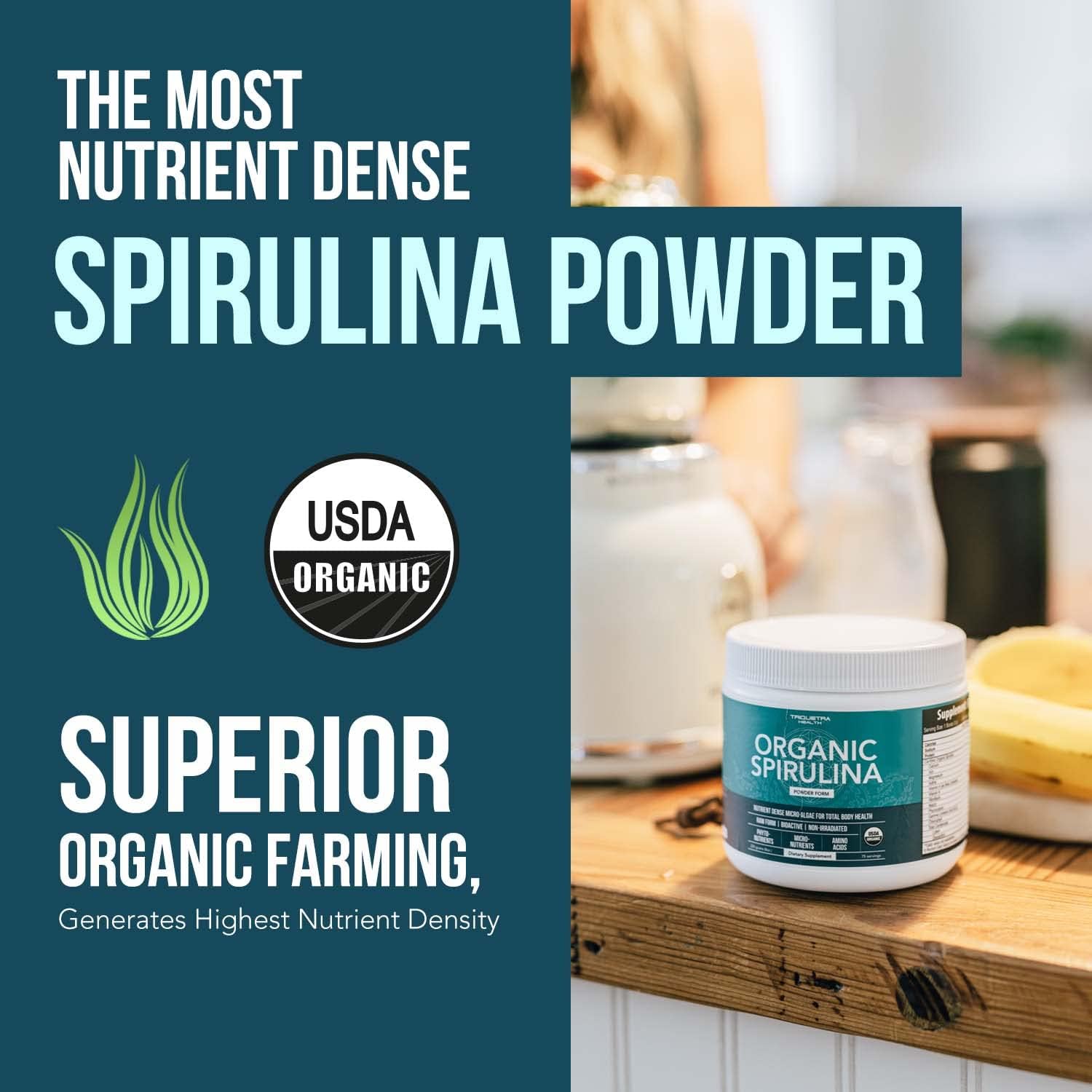 Organic Spirulina Powder – Made with Parry® Spirulina, Known for Superior Purity and Nutrient Density – Vegan Farming – Non-Irradiated – Blue-Green Algae Superfood Supplement – 75 Servings – 8 oz