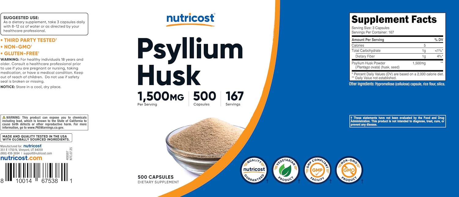 Nutricost Psyllium Husk 1500mg, 500 Capsules, Gluten Free, GMO-Free