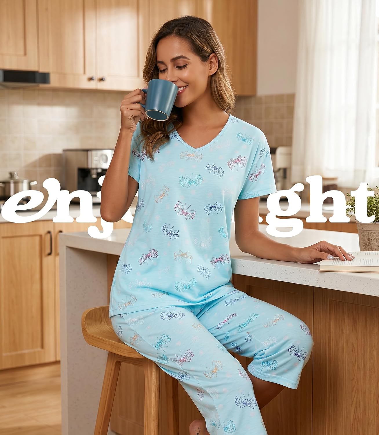 ENJOYNIGHT Womens Pajama Set Cotton Short Sleeve Top With Capri Pants Pj