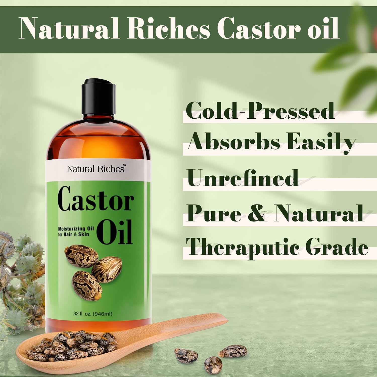 Natural Riches Castor Oil Cold pressed for Dry Skin Hair Loss Dandruff Thicker Hair - Moisturizes heals Scalp Skin Hair growth Thicker Eyelashes & Eyebrows