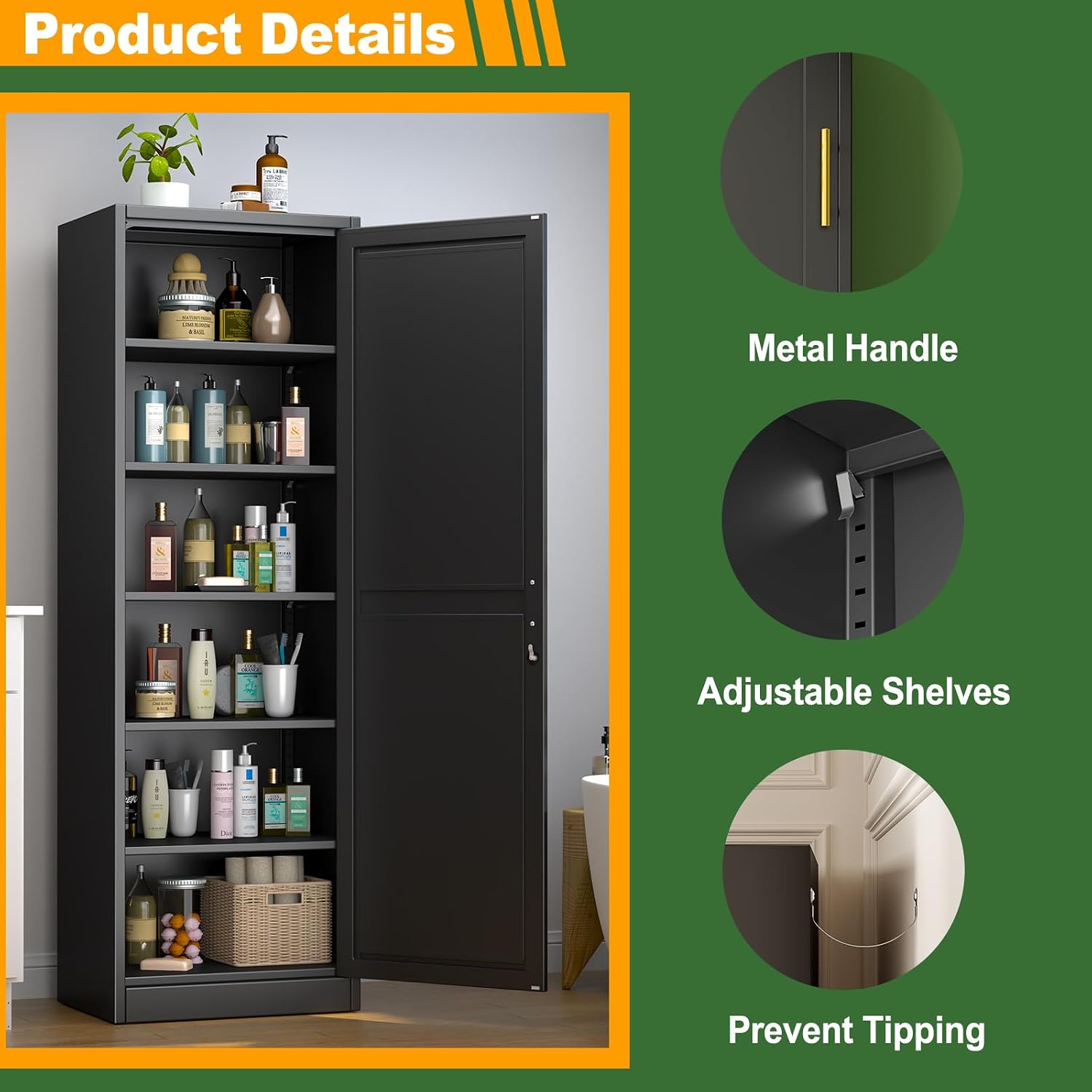 Ckzbx Tall Narrow Storage Cabinet 66.93" H Tall Bathroom Cabinet Metal Pantry Cabinets, 4 Adjustable Shelves for Kitchen, Home Office, Living Room, Dinning Room (20 inches Wide White)