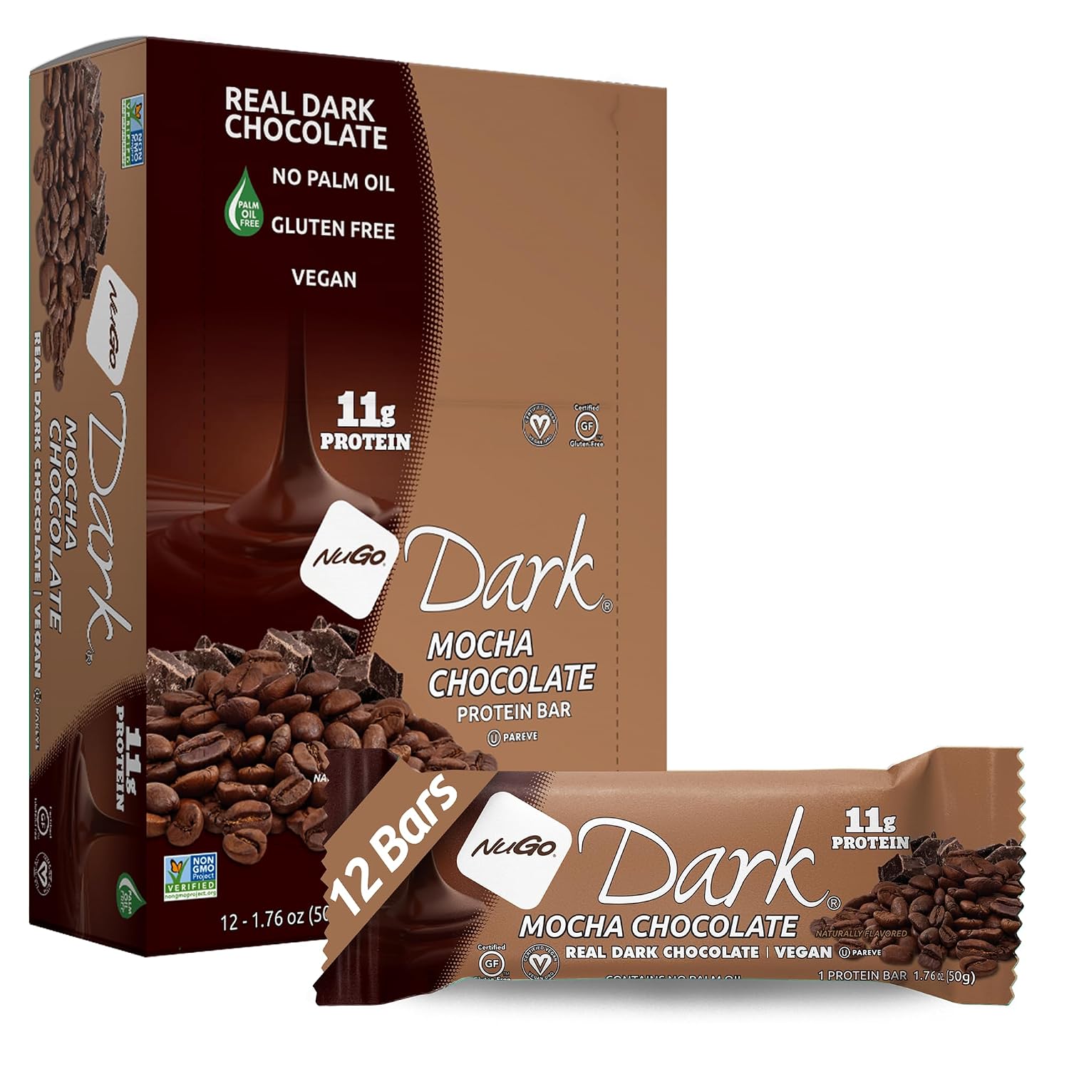 NuGo Dark, Mint Chocolate Chip, 13g Vegan Protein Bar, Gluten Free, 24 CT