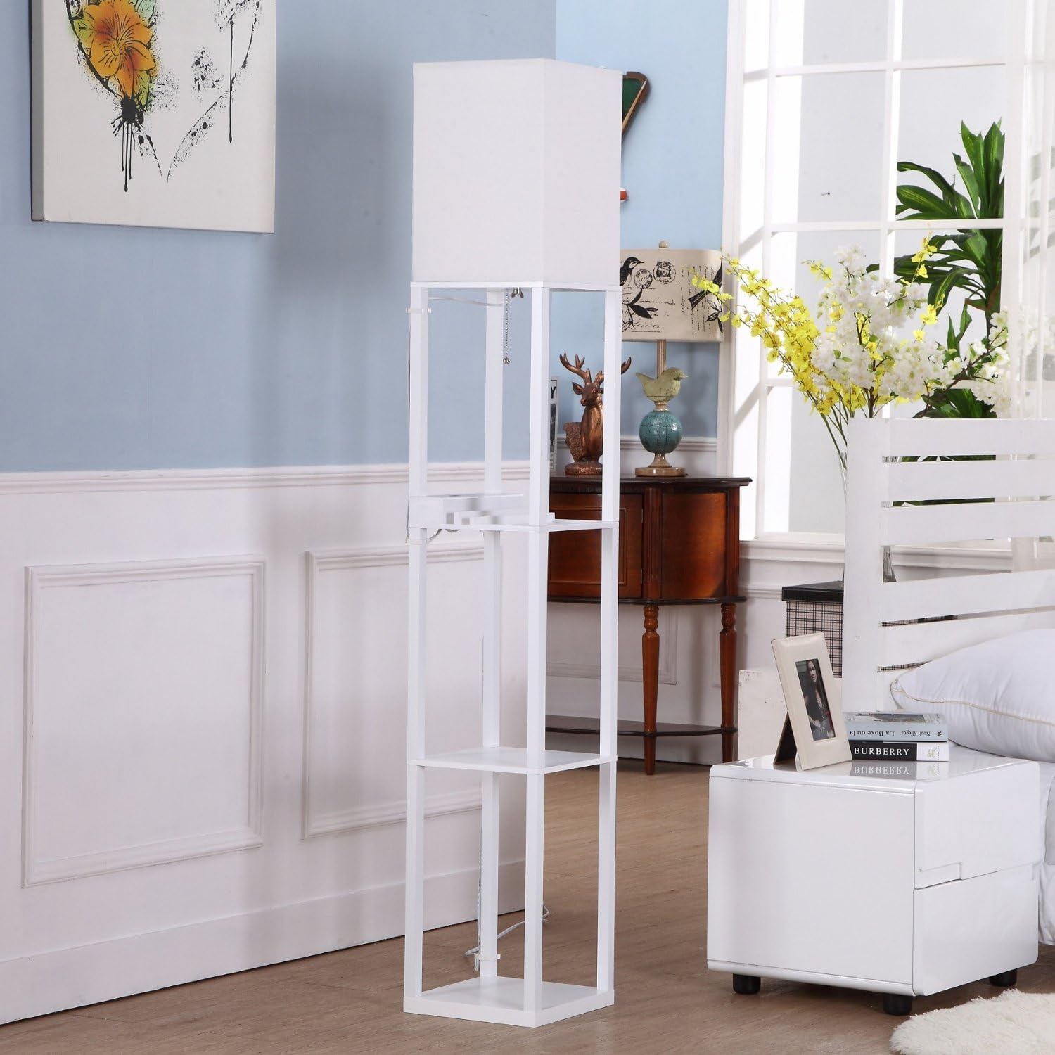 Brightech Maxwell Charger - Modern Shelf Floor Lamp with USB Charging Ports & Electric Outlet - Corner Display Floor Lamps with Shelves for Living