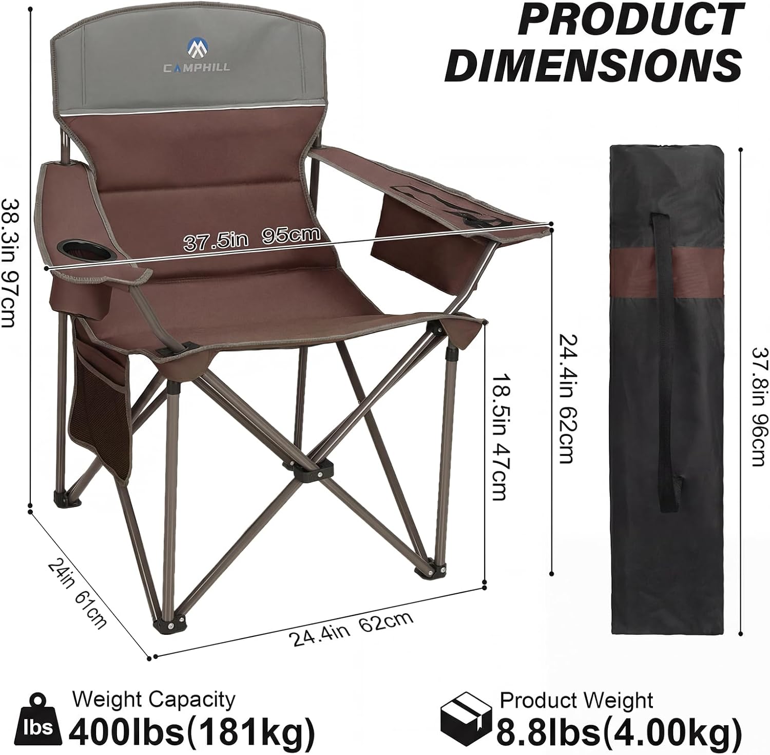 Oversized Camping Chairs 2 Pack - Heavy Duty 400LBS Padded Lawn Chair with Cooler Bag,Cup Holder,Side Pocket,Collapsible for Outdoor,Camp,Fishing & Garden,Dark Green
