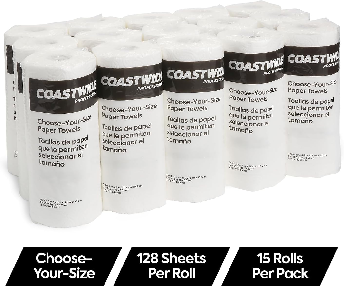 Coastwide Professional Choose-Your-Size Paper Towels, 2-Ply, White, 128 Sheets/Roll, 15 Rolls/Carton