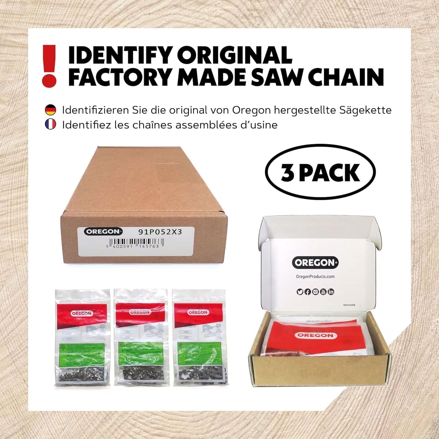 Oregon (Pack of 3) V68 PowerCut Chainsaw Chain for 18-Inch Bar, 68 Drive Links, .325" Pitch, .063" Gauge, Fits Stihl (22LPX068G), Grey | 3-Pack