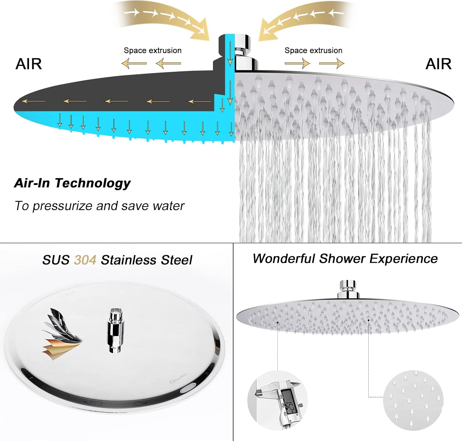 NearMoon Rain Shower Head, Ultra-Thin Design-Pressure Boosting, Awesome Some Experience, High Flow Stainless Steel Rainfall Head (10 Inch