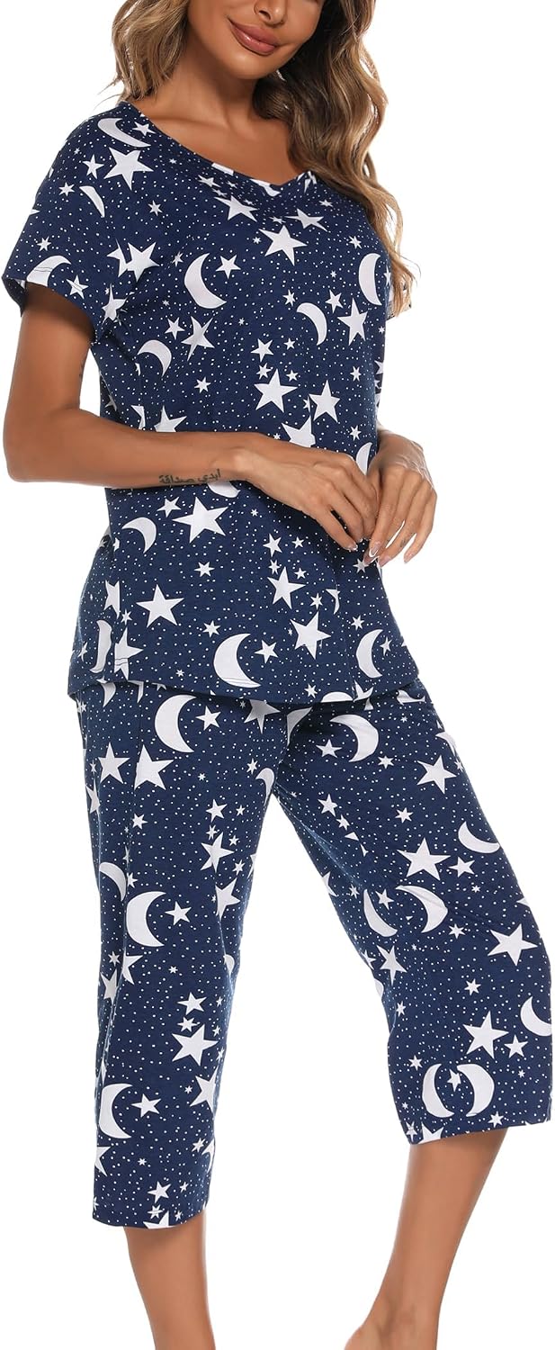 ENJOYNIGHT Womens Pajama Set Cotton Short Sleeve Top With Capri Pants Pj