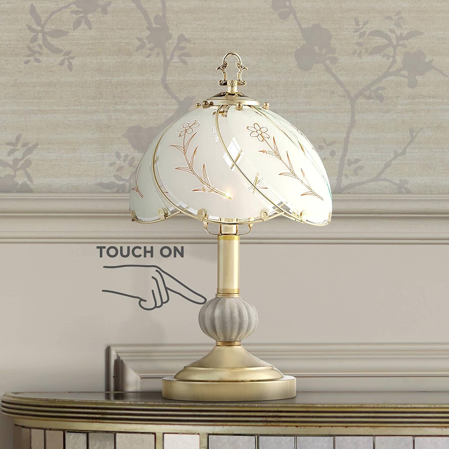 Polished Brass Flower Petal 15" Small Table Lamp Gold Touch 4-Way Glass Off | Etched Shade Art Traditional Cottage Floral Bedroom House Bedside Nightstand Home Office Living Room