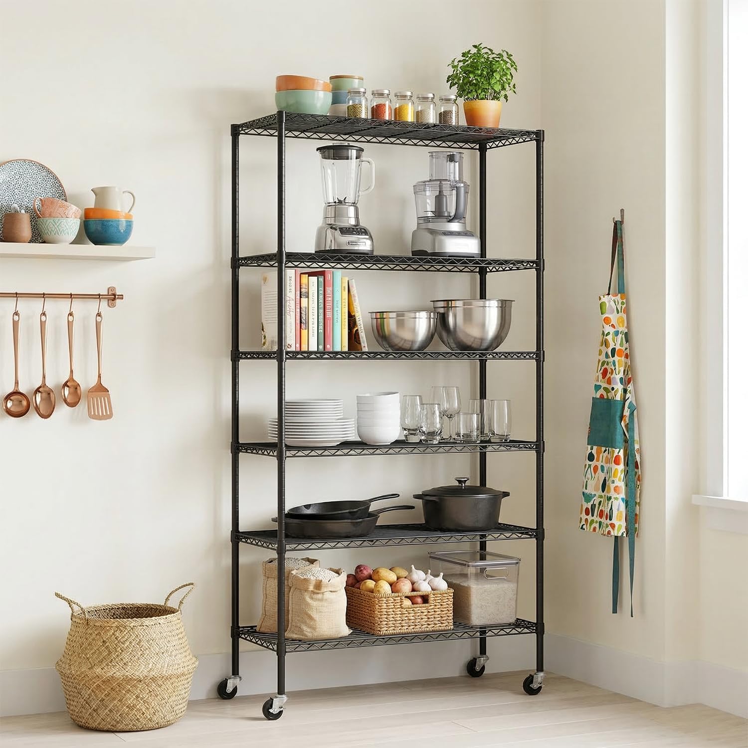 PayLessHere | 6-Tier Wire Shelf with Wheels | 45"x18"x82" | Black