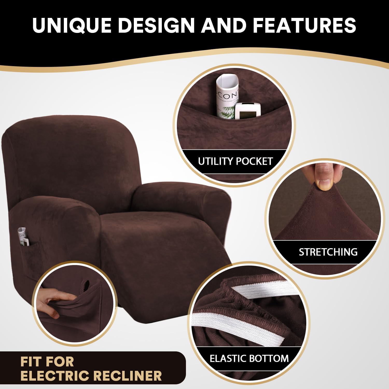 PrinceDeco Recliner Chair Cover Velvet Stretch Recliner Couch Covers 4-Pieces Style Recliner Chair Covers Recliner Cover for Reclining Chair