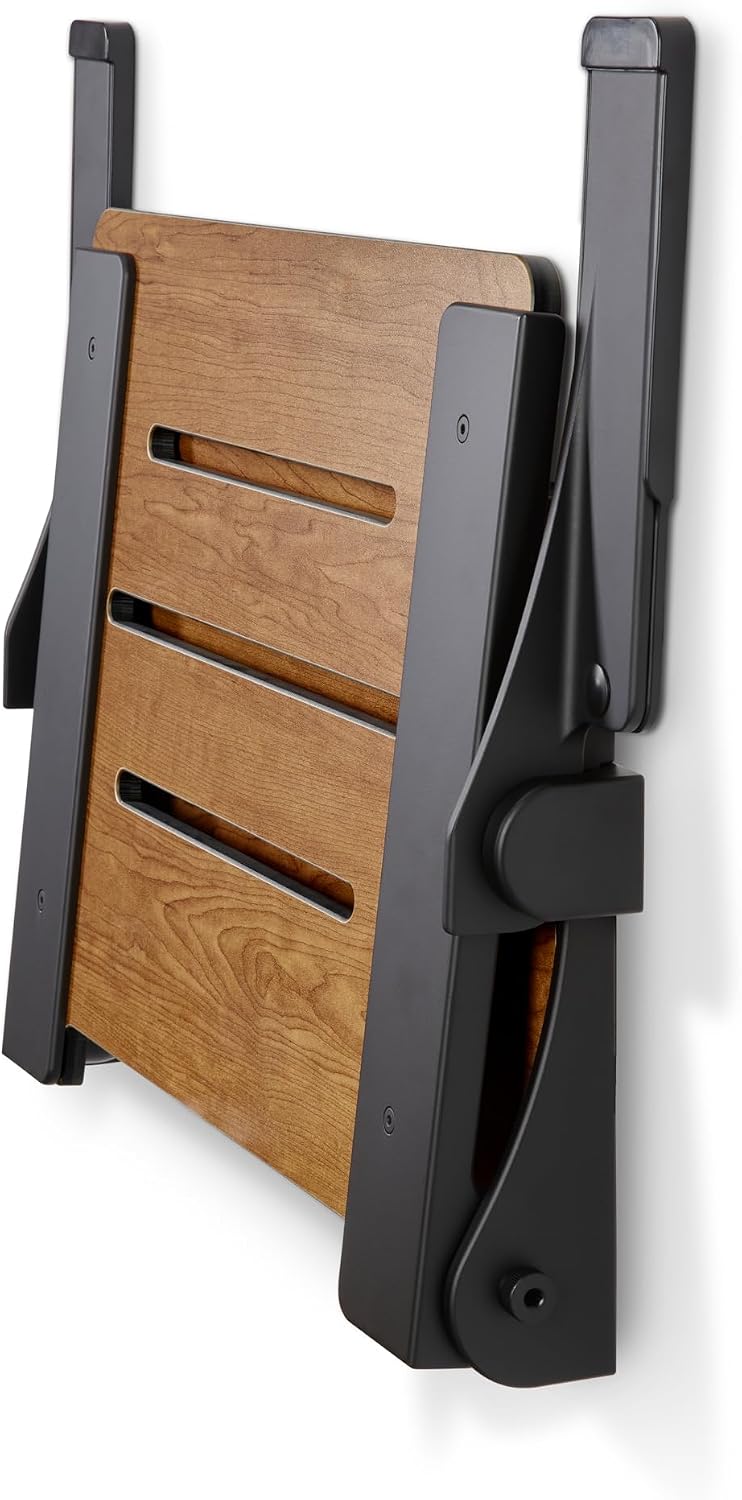 Seachrome Silhouette Comfort Folding Wall Mount Shower Bench Seat with Arms, Teak Seat with Silver Frame