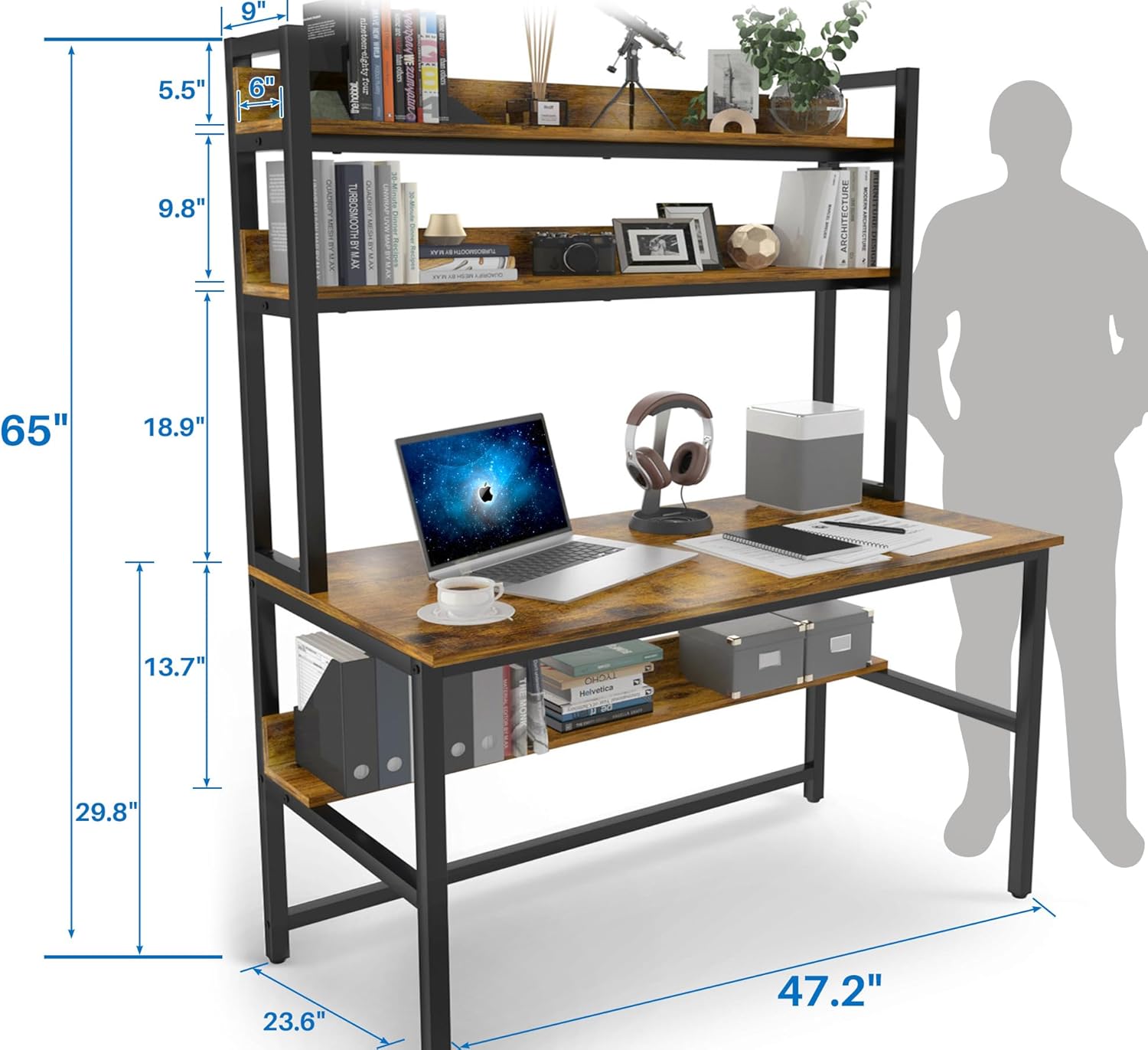 Aquzee Computer Desk with Shelves, 47" W x 23.6" D Gaming Desk with Hutch and Bookshelf