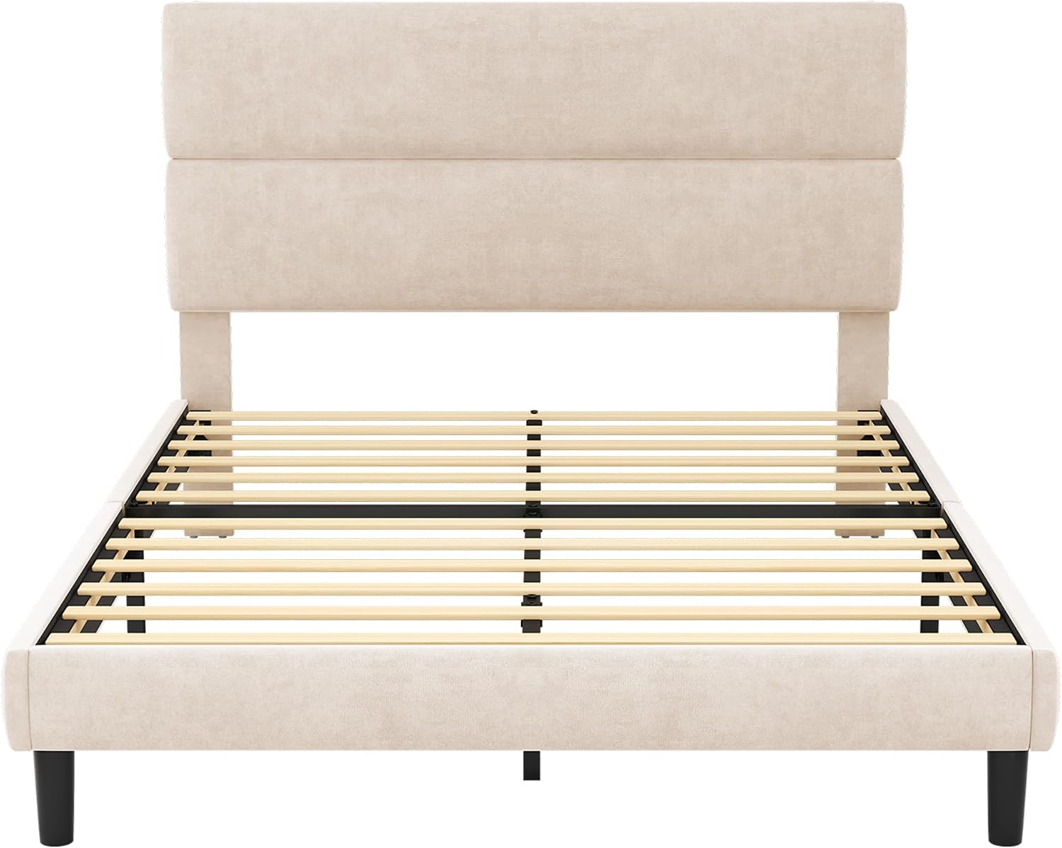 GRUSIGN Queen Size Platform Bed Frame with Velvet Headboard, Adjustable Height Wooden Slats Support, Upholstered Mattress Foundation, Fits Mattress or Mattress with Box Spring, Easy Assembly, Beige