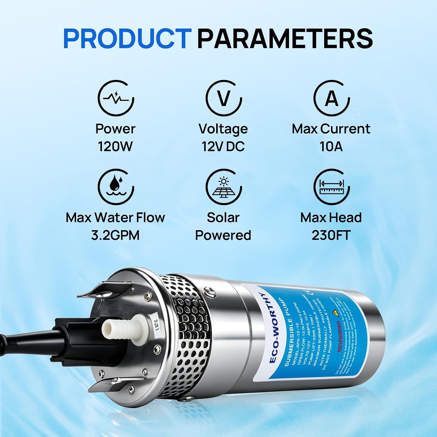 ECO-WORTHY 24V Submersible Deep Well Water Pump with 10ft Cable 1.6GPM 4'' 5A, Max Lift 230ft/70m, DC Pump/Alternative Energy Solar Battery Farm & Ranch Submersible Deep Well Pump