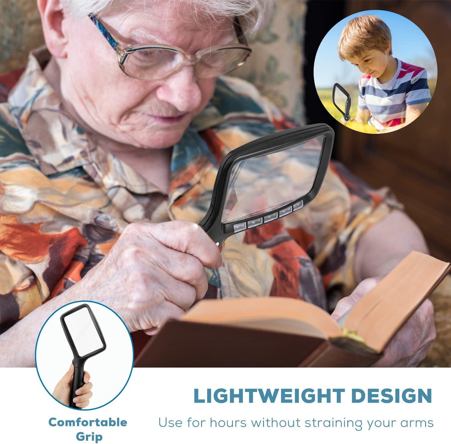 Folding Handheld Magnifying Glass with Light, 5X Large Rectangle Reading Magnifier with Dimmable LED for Seniors with Macular Degeneration, Newspaper