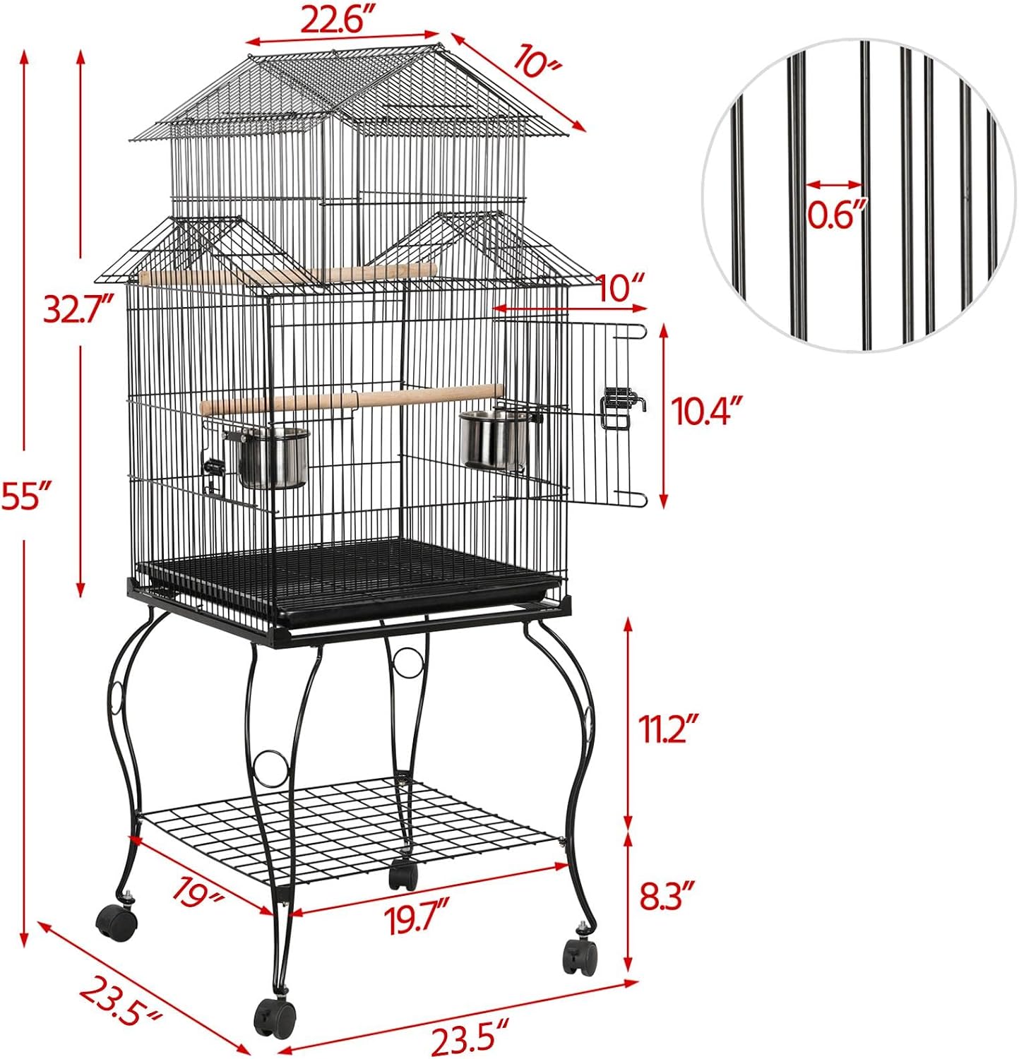 Yaheetech 55" Triple Roof Bird Cage with Rolling Stand & Storage, for Cockatiels, Quakers, Indian Ringnecks, Conures & Small to Medium Parrots