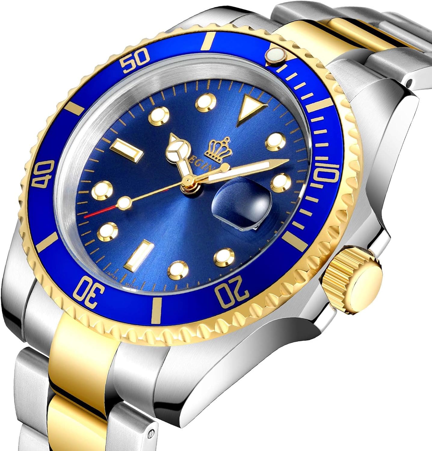 FANMIS Men's Two-Tone Stainless Steel Quartz Watch, Rotating Bezel and Date | Green Dial, Luminous Hands and Markers, Magnified Date Window, Fold-Over Safety Clasp, 30M Water Resistant for Everyday Wear.