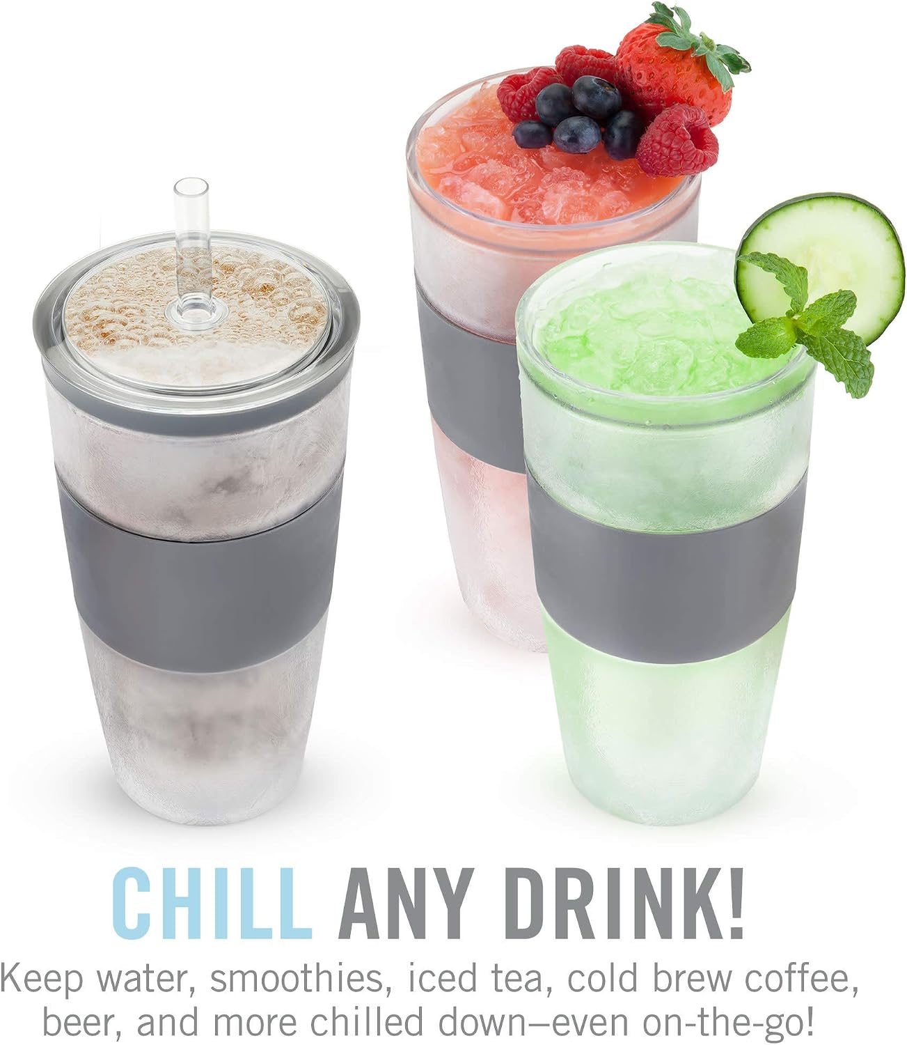 HOST Double Wall Insulated Freezable Drink Chilling Tumbler with Freezing Gel Glasses for Red and White Wine, Straw and Lid, Plastic, 16 oz, Grey