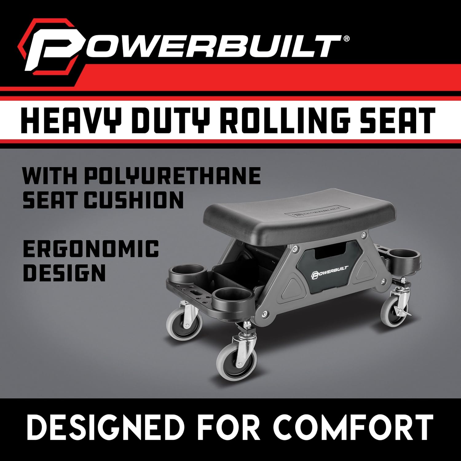 Powerbuilt 42-Inch Triplex Folding Creeper, Rolling Seat, and Brake Stool, All-in-One Adjustable Roller Garage Chair, Lay Down or Sit, Black 620469