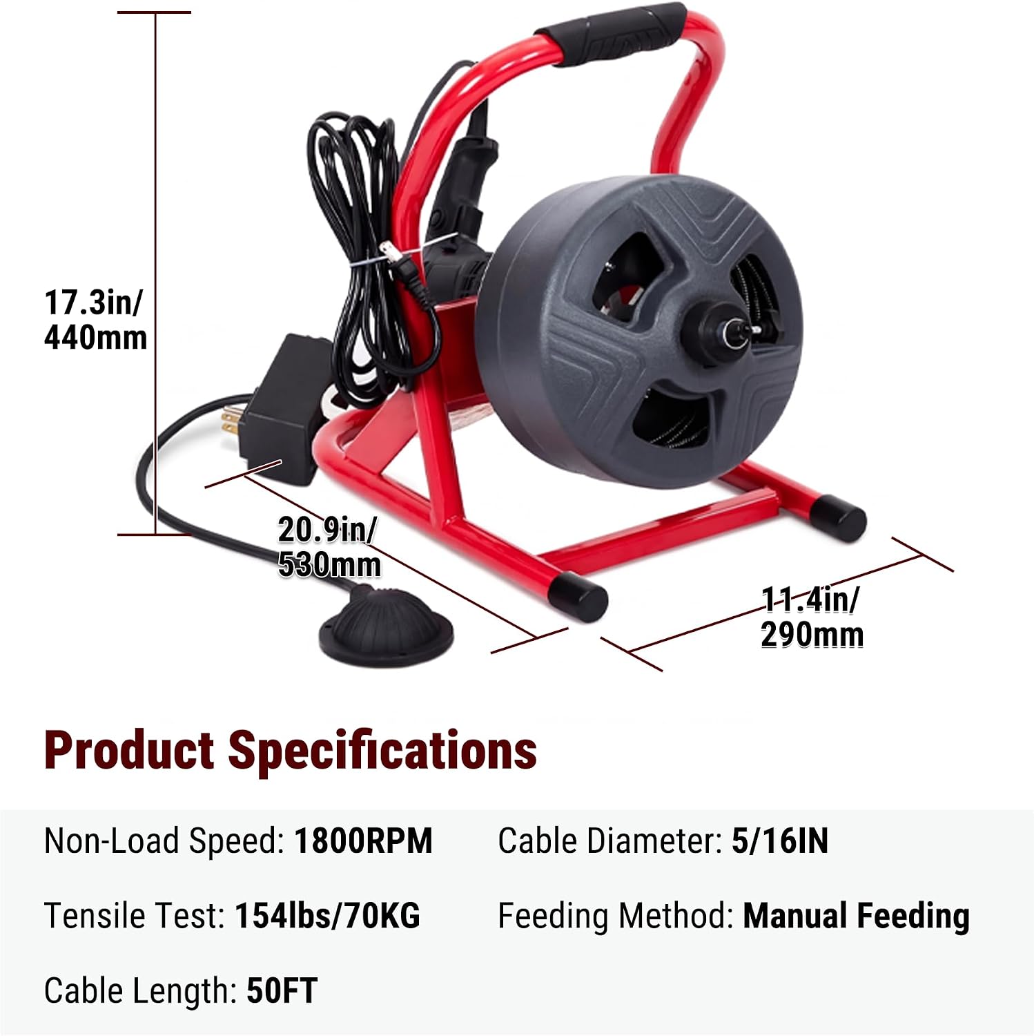 HoldwellS 50FT x 5/16 Inch Drain Cleaner Machine, Electric Drain Auger for 3/4"-3" Pipes, Sewer Snake Auger with 4 Cutters & Pneumatic Foot Switch