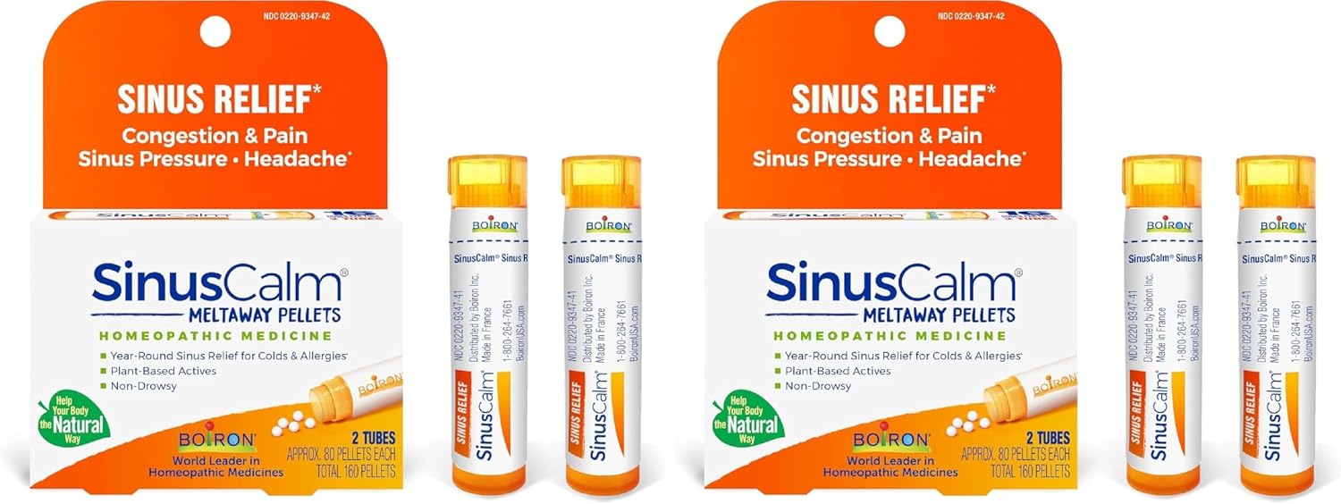 Boiron SinusCalm Pellets for Sinus Pain Relief, Runny Nose, Congestion, Sinus Pressure, Headache - 2 Count (160 Pellets)