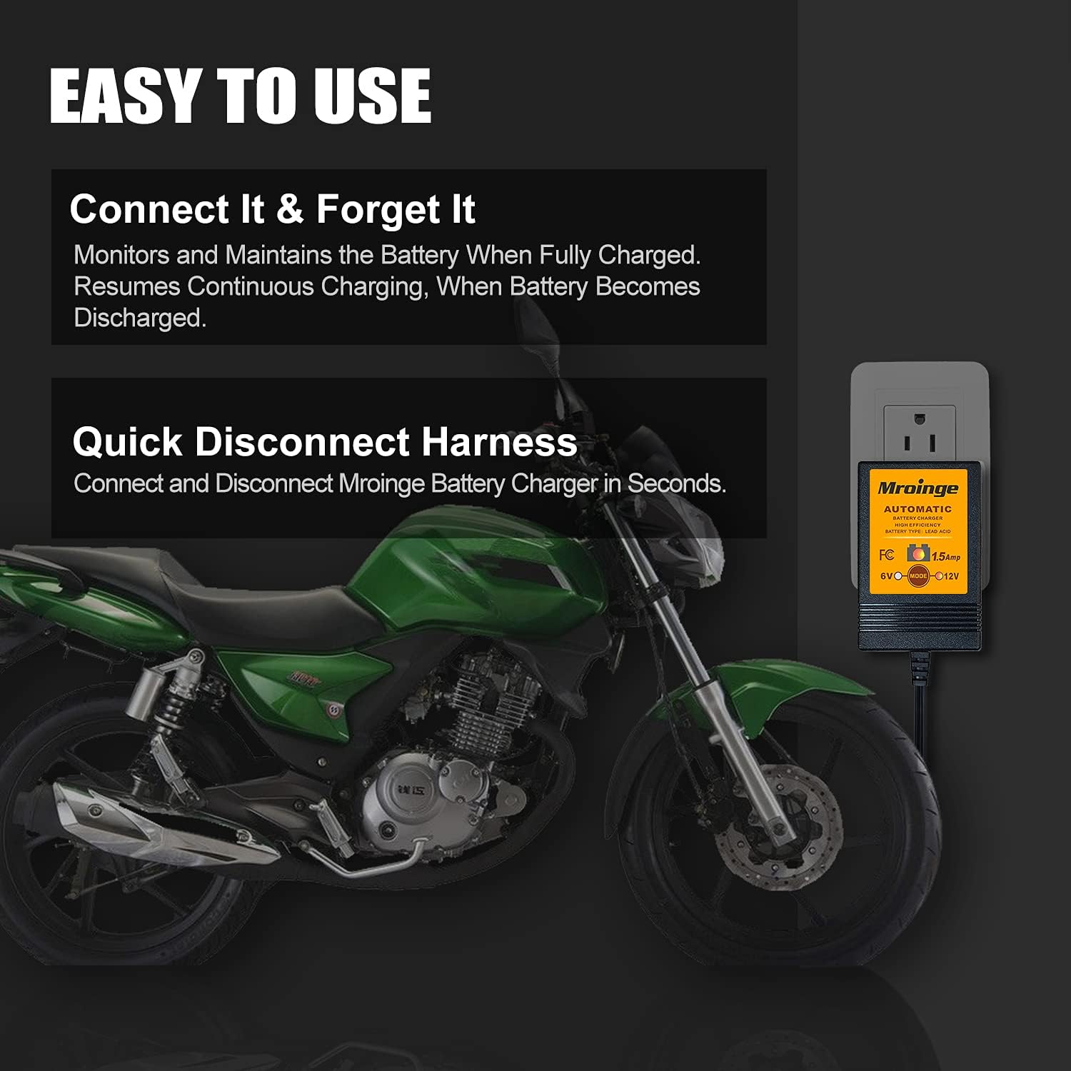 Smart Battery Charger, Mroinge 6V / 12V 1.5A Fully Automatic Trickle Charger/Maintainer for Motorcycle, ATV, Lawnmowers and More