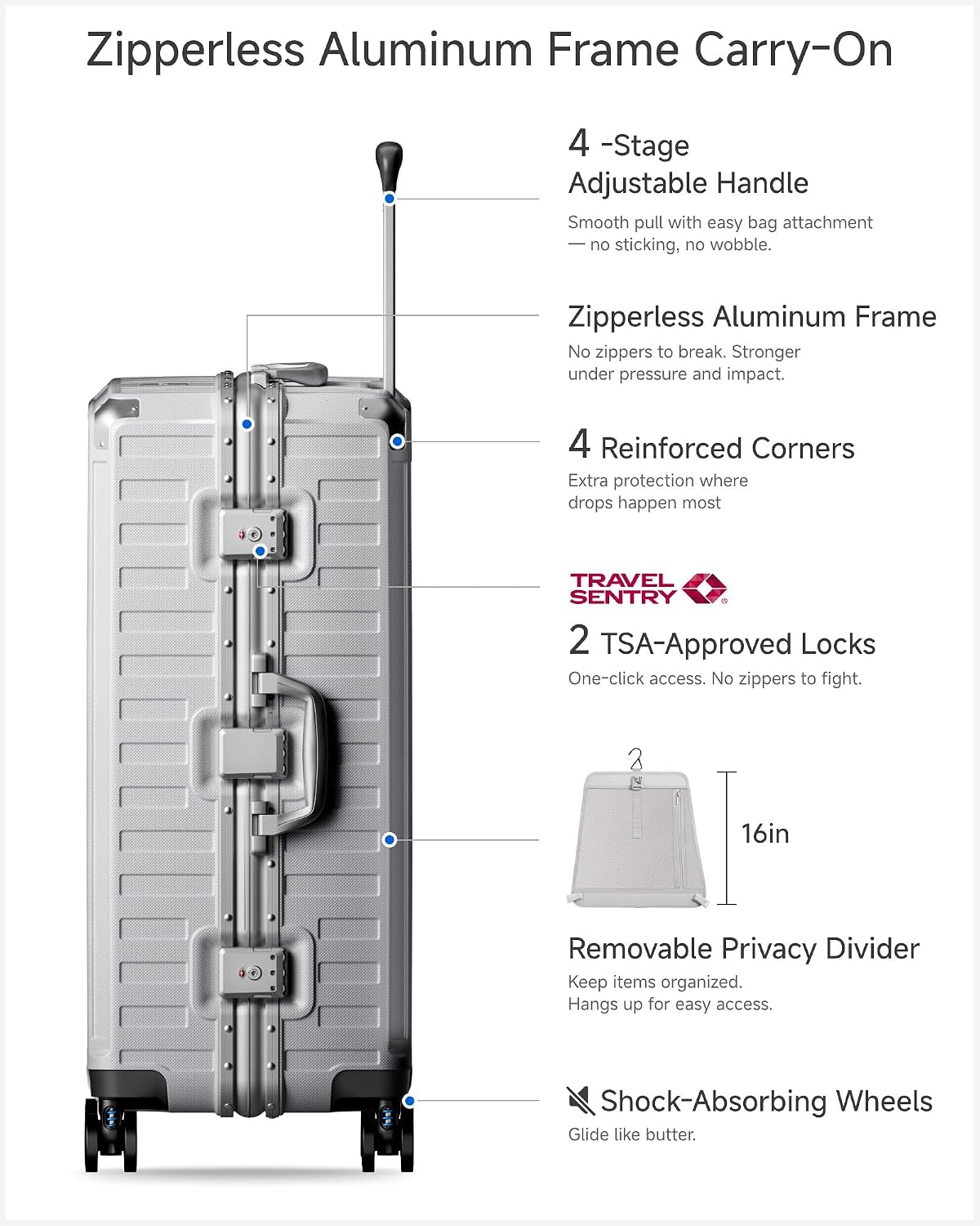 LUGGEX Zipperless Checked Suitcase, Aluminum Frame, Charcoal Metallic, 28" | Checked Luggage, 100% PC Hard Shell, 8010S Aluminum Frame, 8 Spinner Wheels, TSA Lock, Hard Shell, ZX-Core