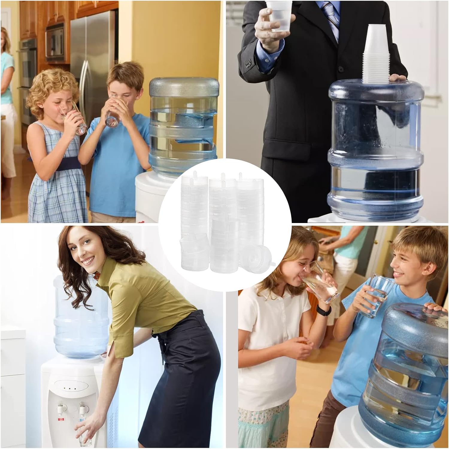 Jucoan 100 Pack Water Bottle Caps, 55mm 3&5 Gallon Non Spill Water Jug Caps, Replacement Snap On Caps for Water Dispenser Jugs