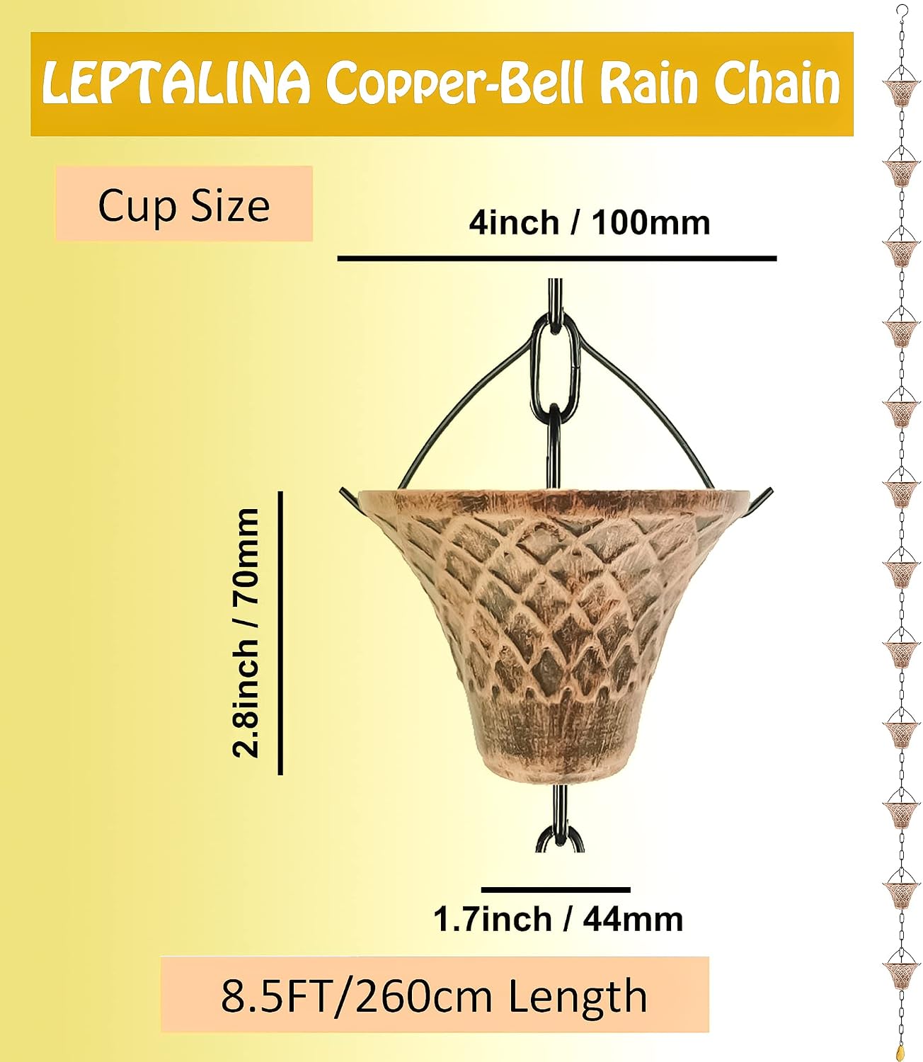 8.5FT Bell Iron Rain Chain for Gutters and Rain Barrel+Adapter, Blue