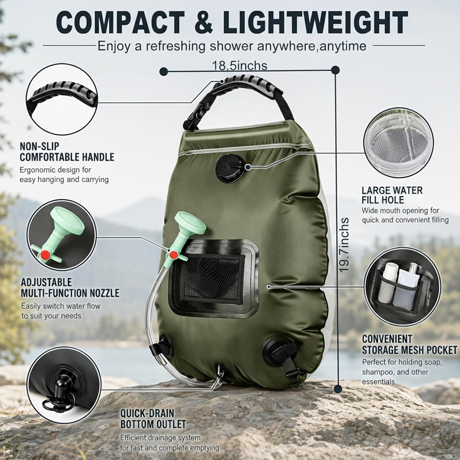 Solar Shower Bag | 5 Gal/20L Solar Heating Camping Shower Bag | Removable Hose | On-Off Switchable Shower Head | Ducha Portatil | Traveling Shower | Portable Shower for Beach Swimming, Hiking