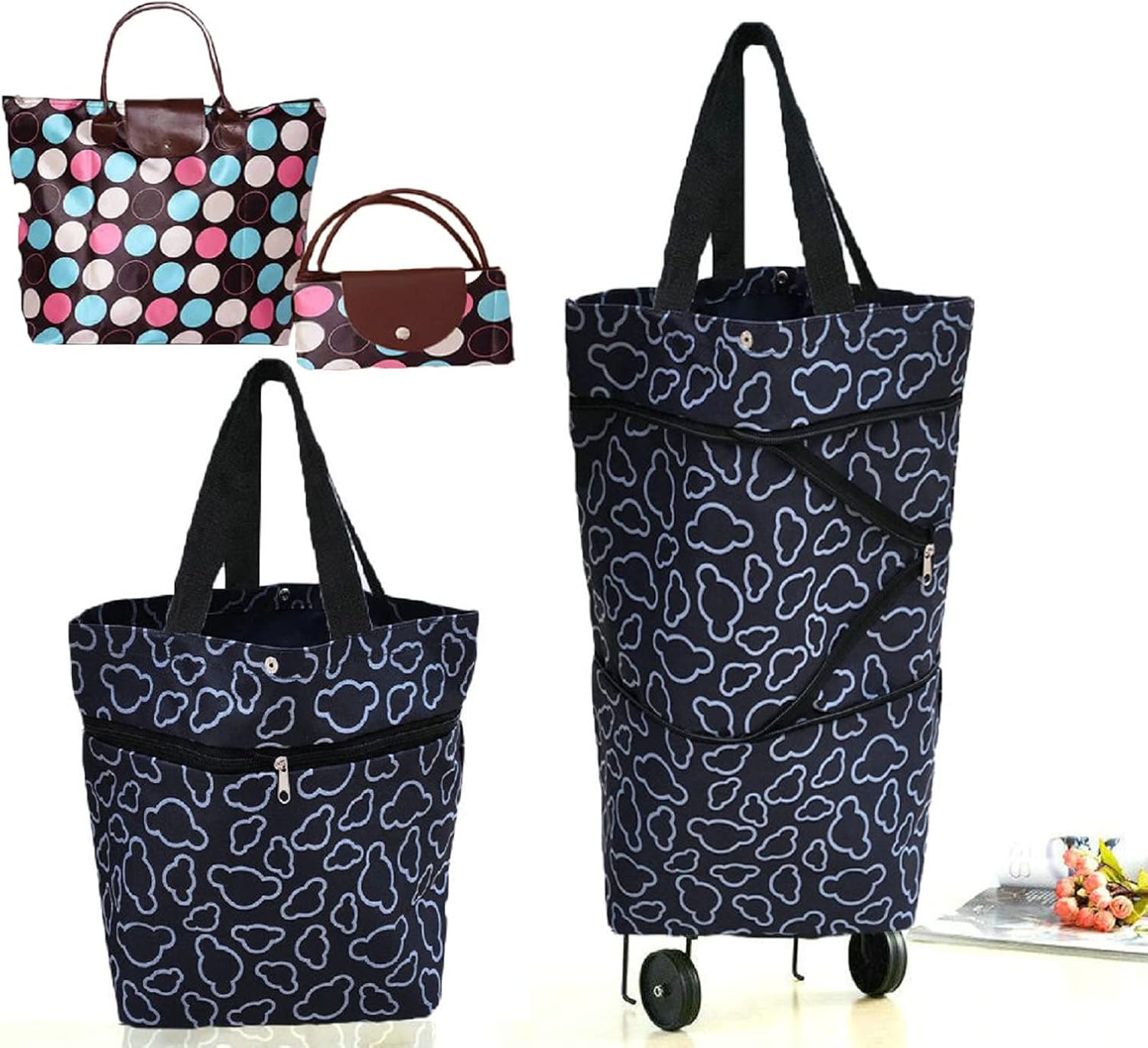 Collapsible Shopping Bag with Wheels Portable Shopping Cart with 360° Swivel Wheels Rolling Tote Bag Reusable Grocery Bag Trolley Bag on Wheels for Travel Shopping and Daily Use(Blue)