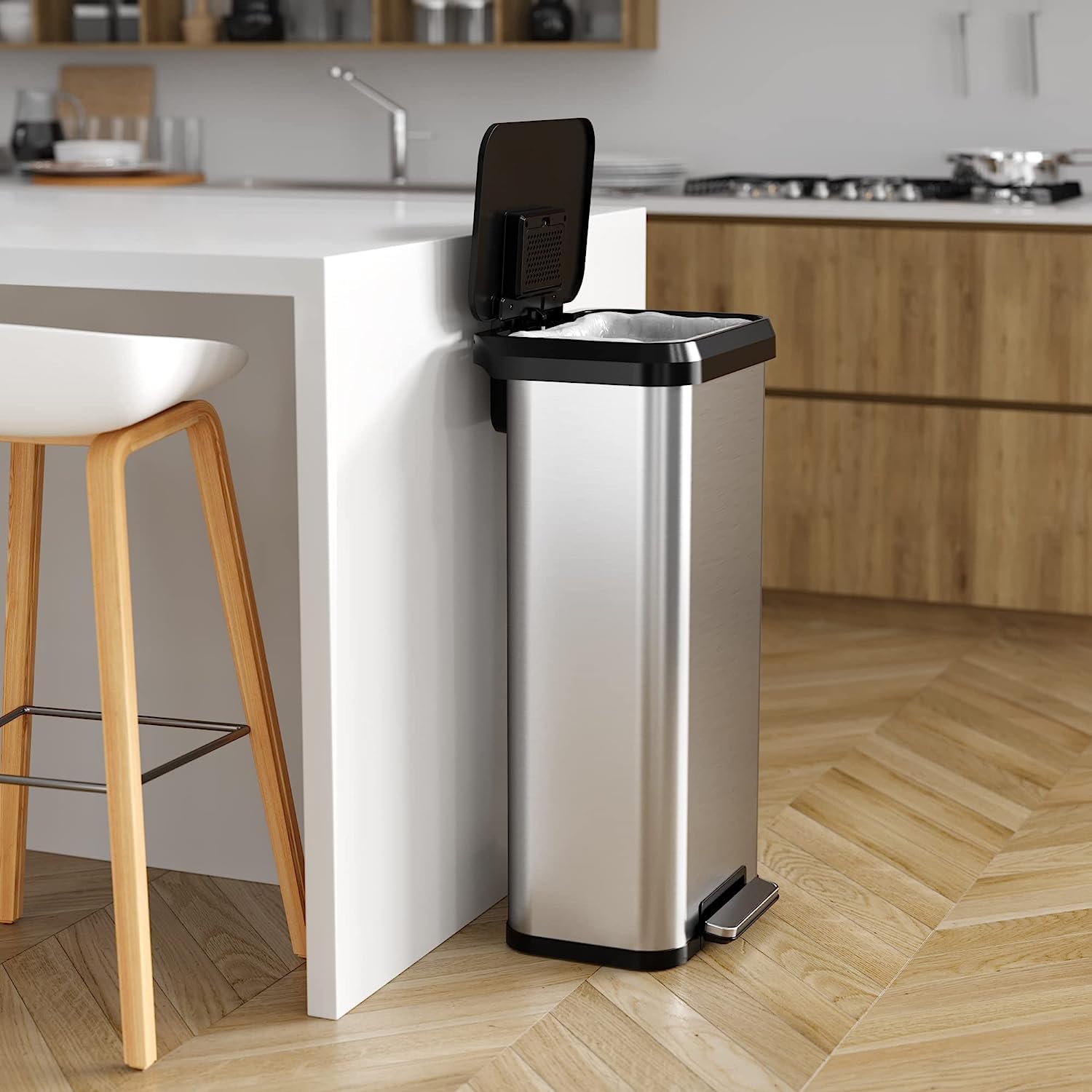 iTouchless Airstep 13 Gallon Step Pedal Kitchen Trash Can with Odor Filter, 50 Liter Commercial Grade Stainless Steel Recycle Bin for Home and Office, Silent Lid Open and Close