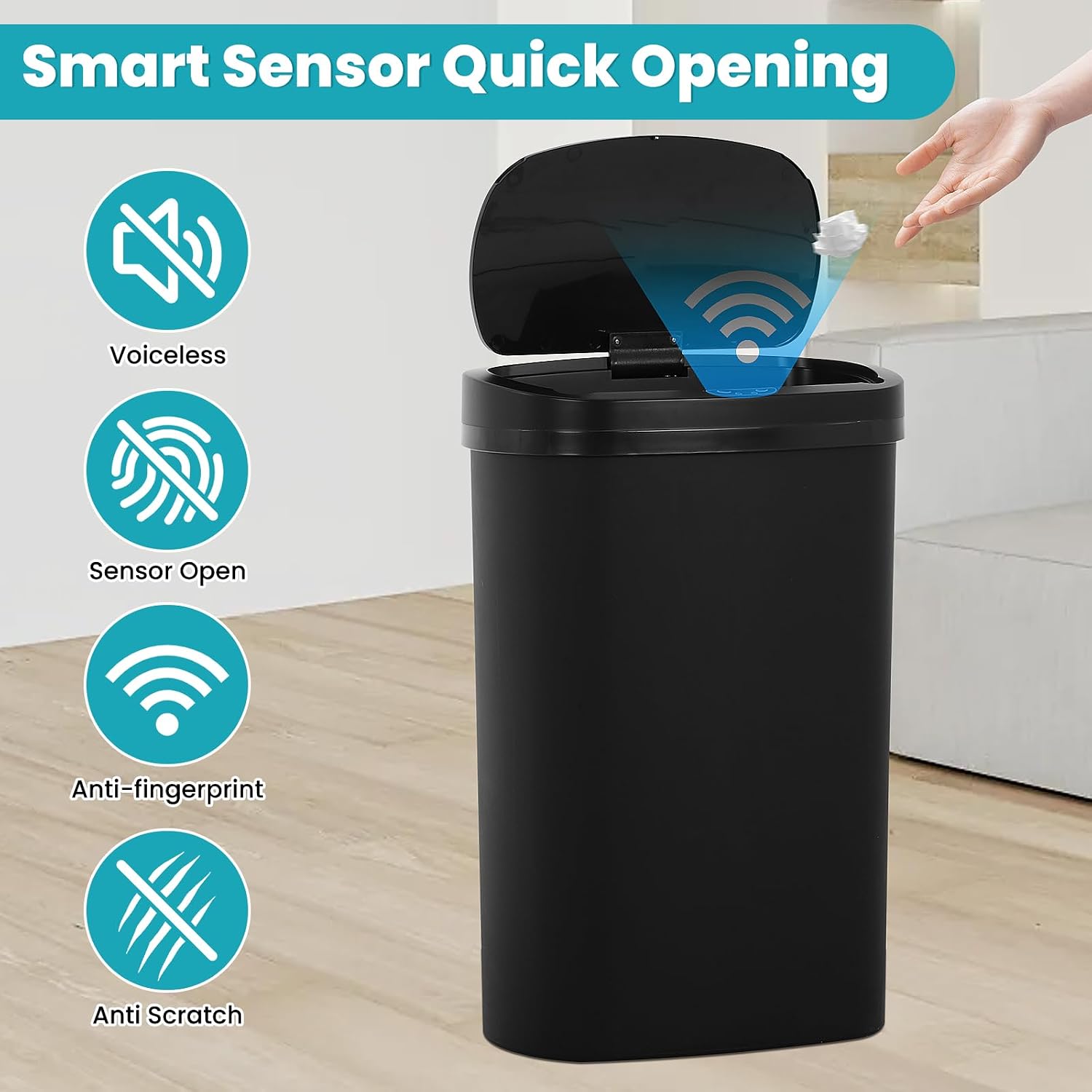 13 Gallon Touch-Free Automatic Stainless-Steel Trash Can Garbage Can Metal Trash Bin with Lid for Kitchen Living Room Office Bathroom, Electronic Motion Sensor Automatic Closure & Opening