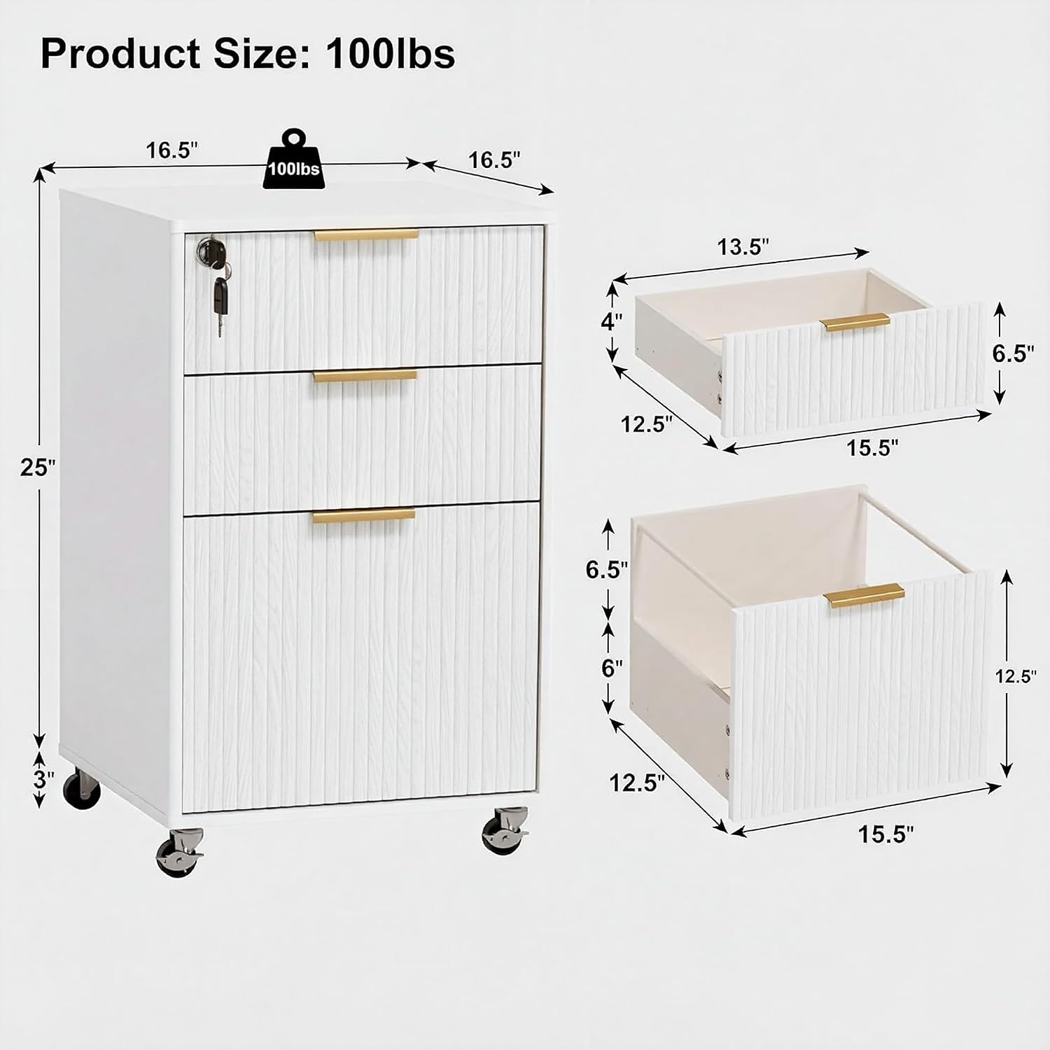 3 Drawers Fluted Mobile File Cabinet with Lock, Rolling File Cabinet Printer Stand Table, Under Desk Wooden Filing Cabinets for Home Office Essentials Storage Organization Furniture Letters/A4(Oak)