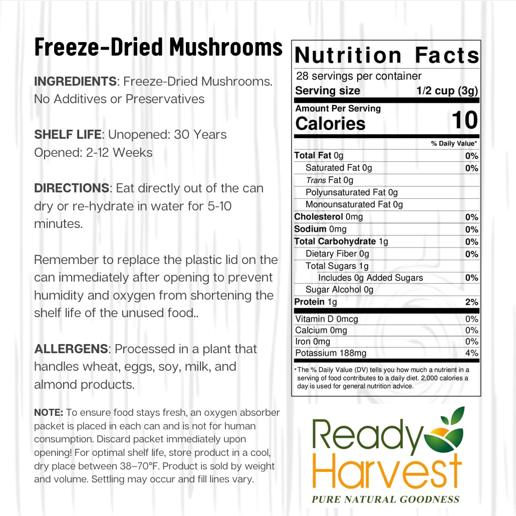 Ready Harvest Freeze-Dried Mushroom for Emergency Food Supply | Camper Must-Haves Camping Essentials | Hurricane Preparedness Items, Survival Food