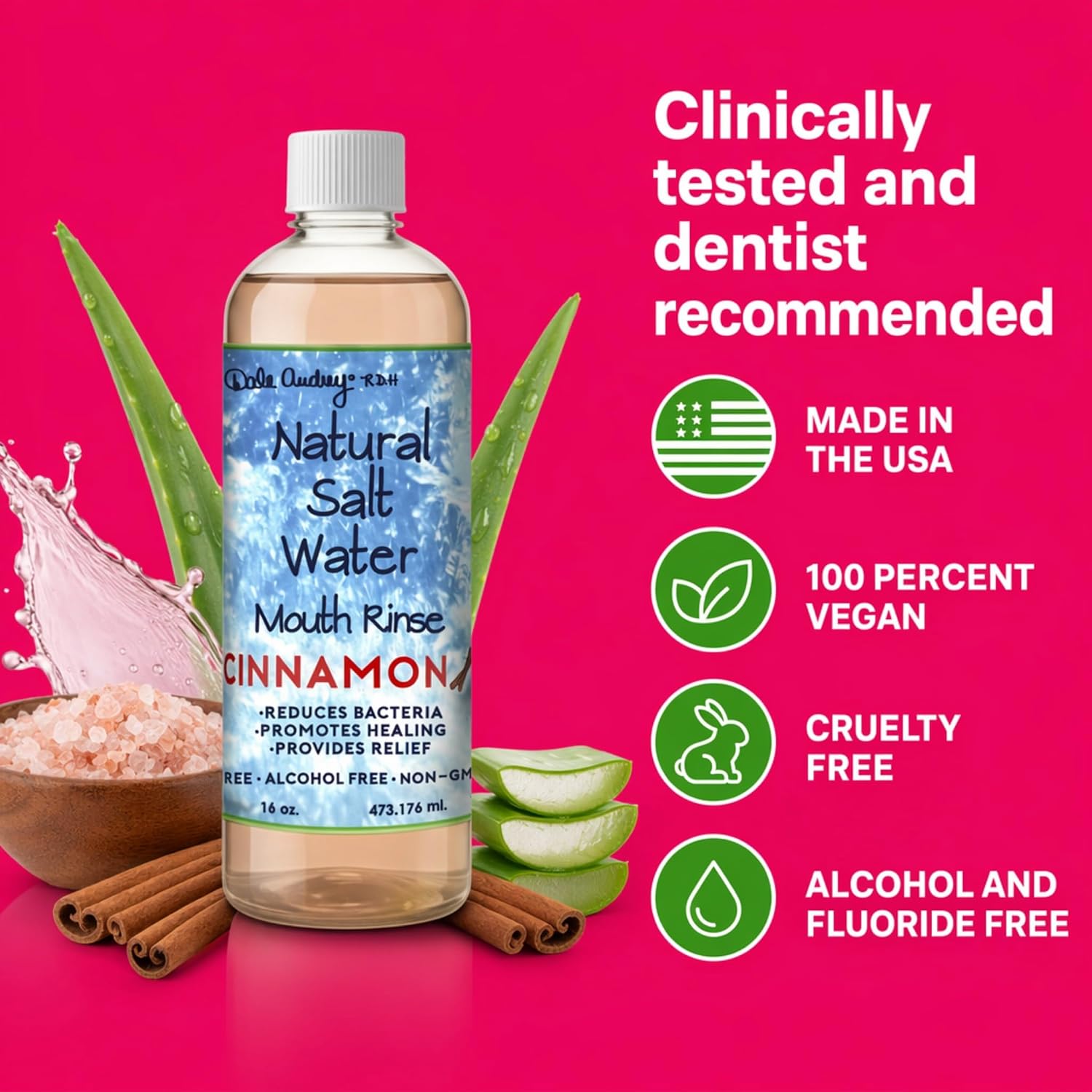 Dale Audrey Pink Himalayan Salt Water Rinse, Cinnamon Mouthwash, 16 oz