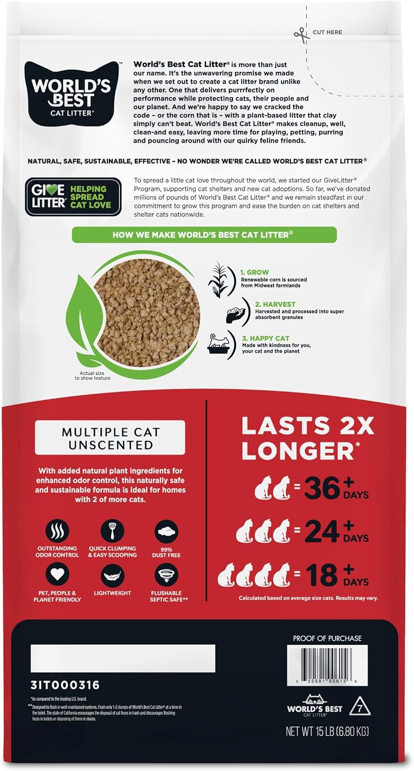 World's Best Cat Litter, Multiple Cat, Unscented, Lasts 2X Longer, 8 lb Bag | Controls tough multi-cat odors and lasts 2x longer; natural corn litter, quick clumping, flushable, 99% dust free