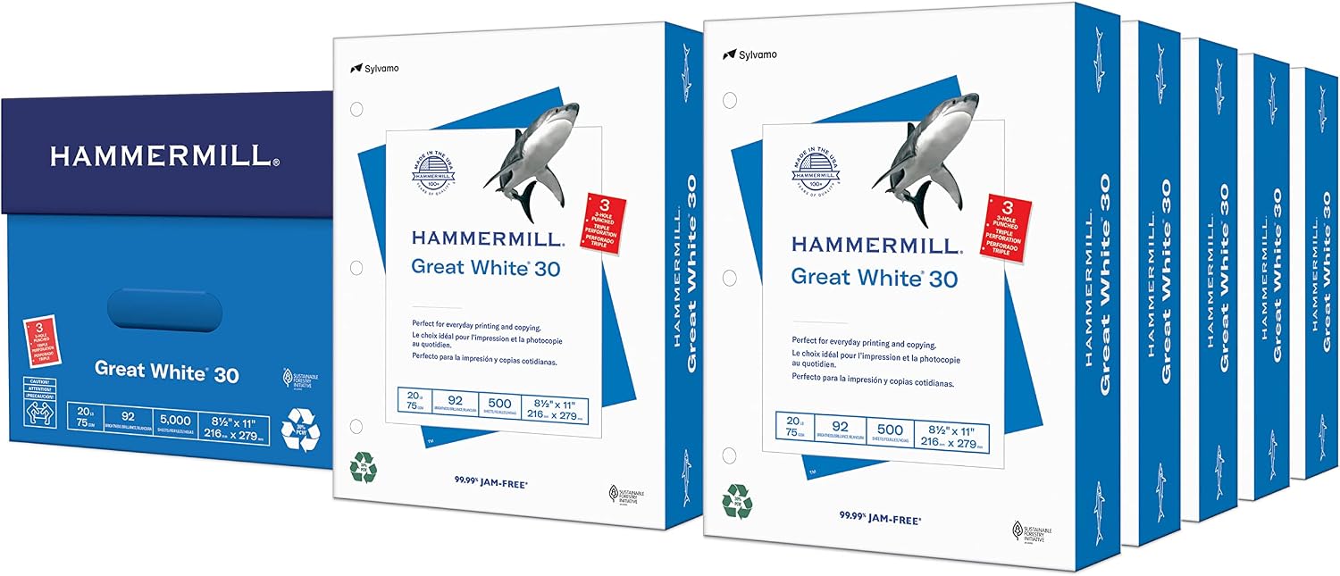 Hammermill Printer Paper, Great White 30% Recycled Paper, 8.5 x 11-1 Ream (500 Sheets) - 92 Bright, Made in the USA, 086710
