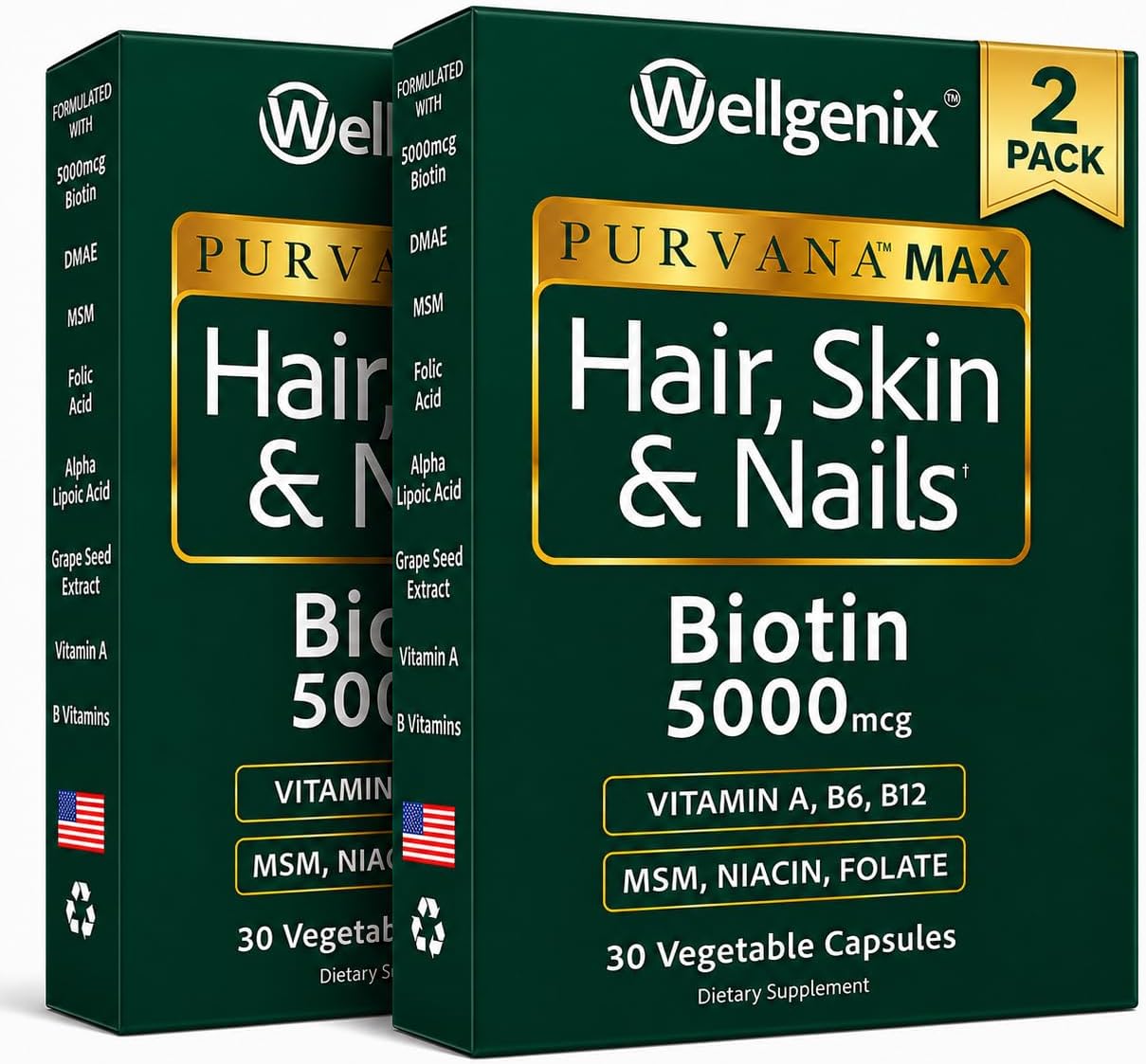 Wellgenix Purvana MAX Hair Skin and Nails Supplement – 5000mcg Biotin with MSM & B-Complex – Support for Thicker Hair, Stronger Nails & Glowing Skin – 30 Veggie Capsules | Biotin, MSM & hyaluronic acid in vegetable capsules for thicker, fuller hair, stro…