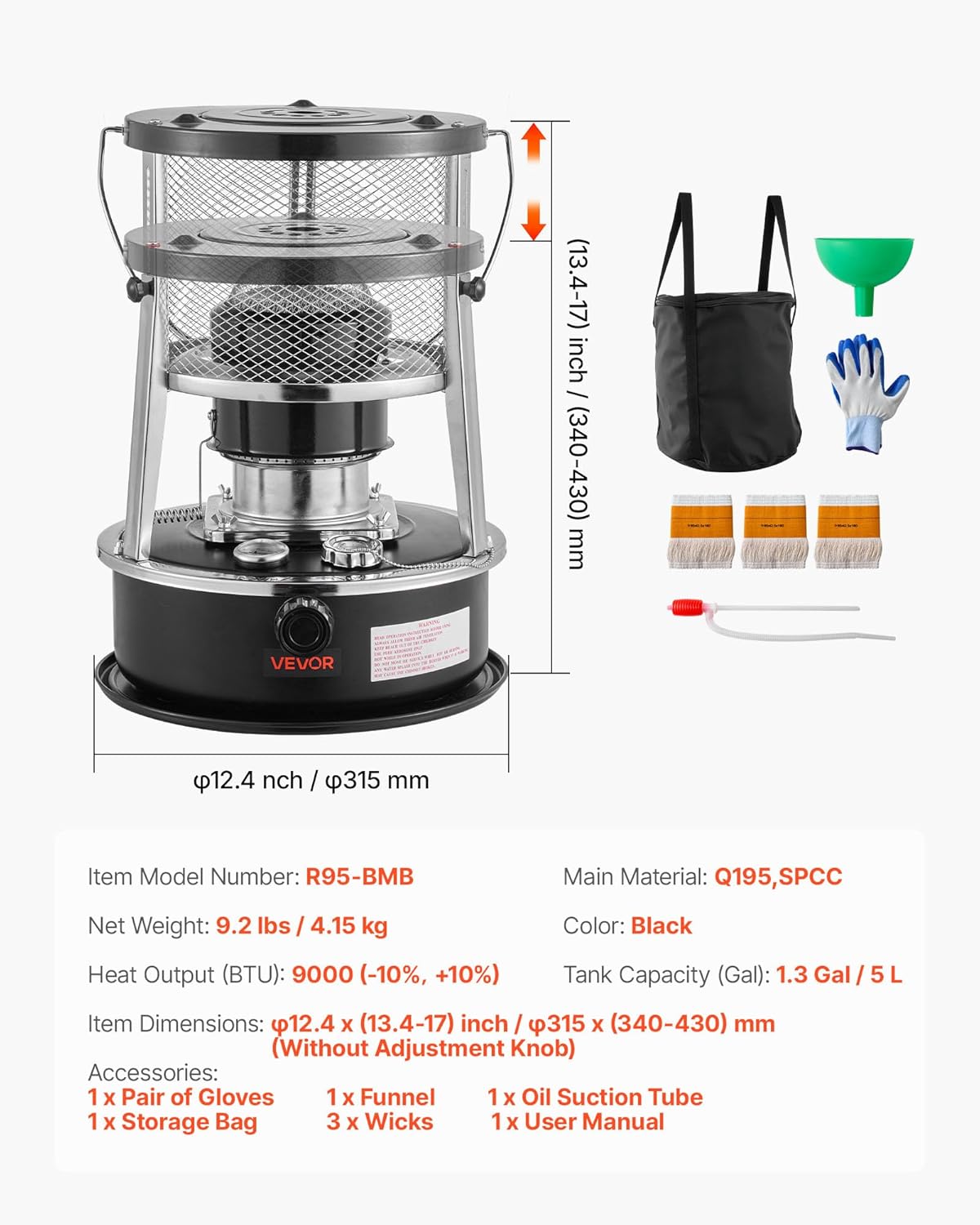 VEVOR 9000 BTU Portable Kerosene Heater & Stove, 2 in 1 Non-Electric Indoor Outdoor Heater with Adjustable Height & Flame & Easy Storage, for Camping