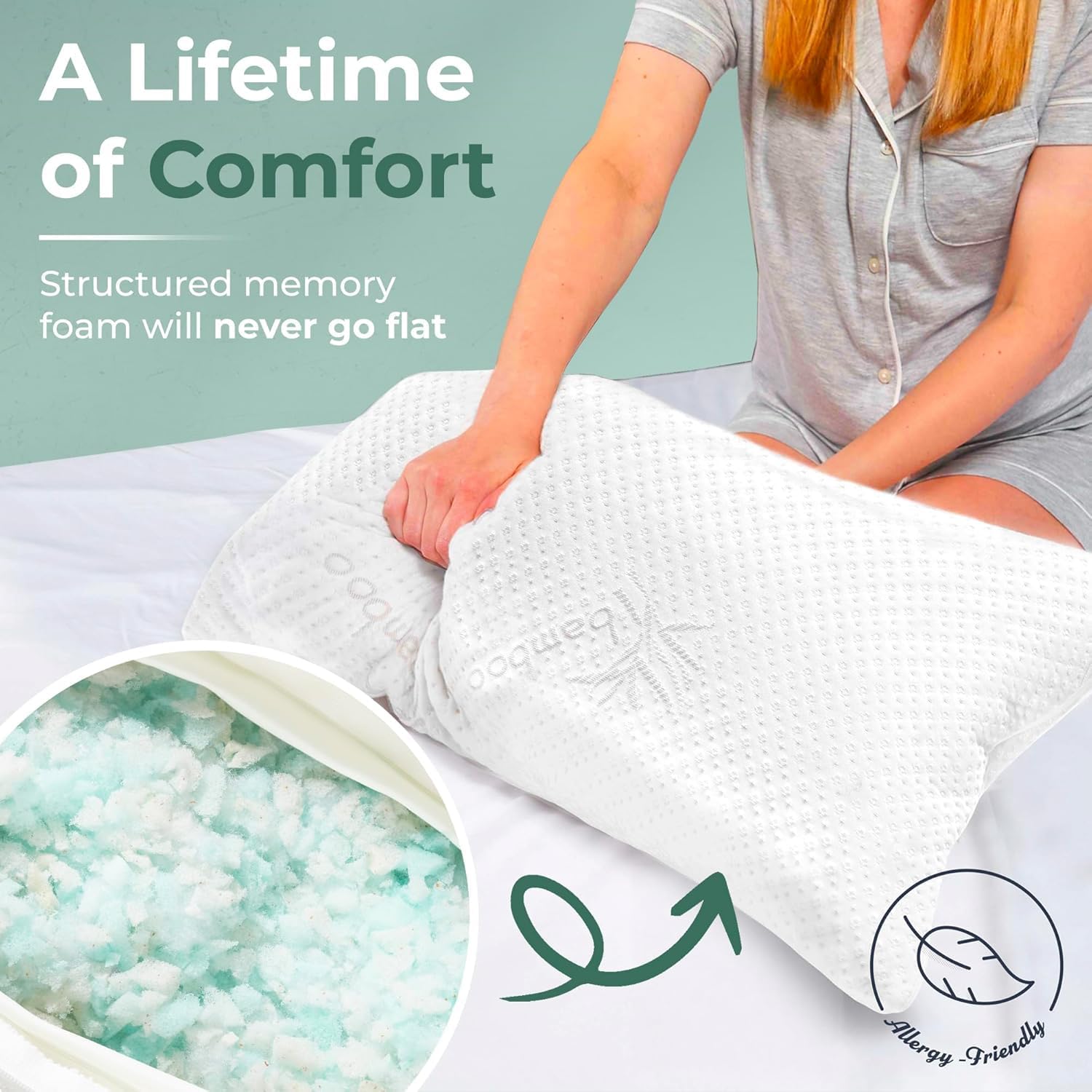 Snuggle-Pedic Adjustable Memory Foam Pillows - GreenGold Certified Pillow w/ Viscose of Bamboo Cover for Side, Stomach & Back Sleepers - Made in the USA - Standard