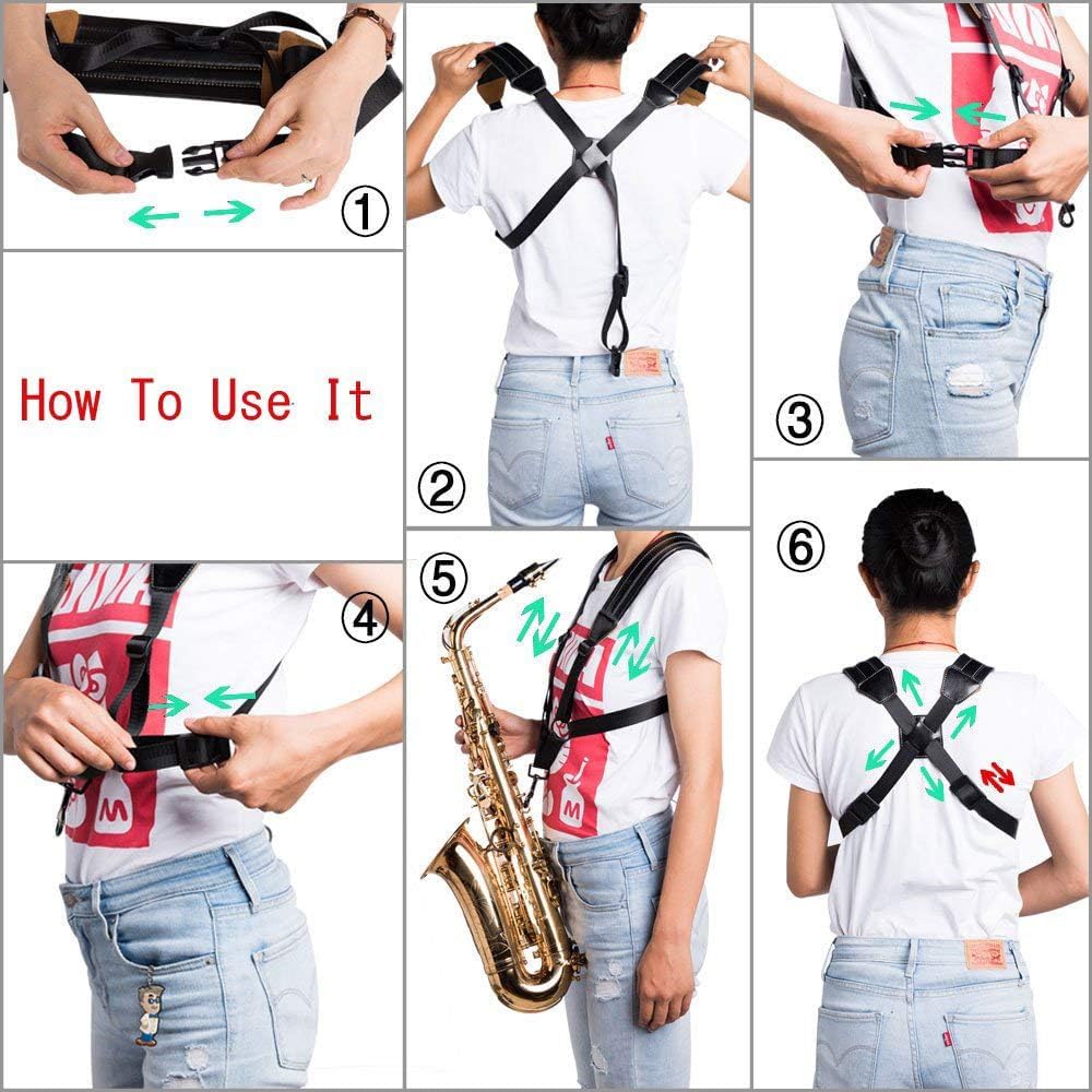 Rayzm Sax Strap,Universal Double Shoulder Leather Strap for Sax,Adjustable Padded Harness Strap for Alto Tenor Baritone Sax