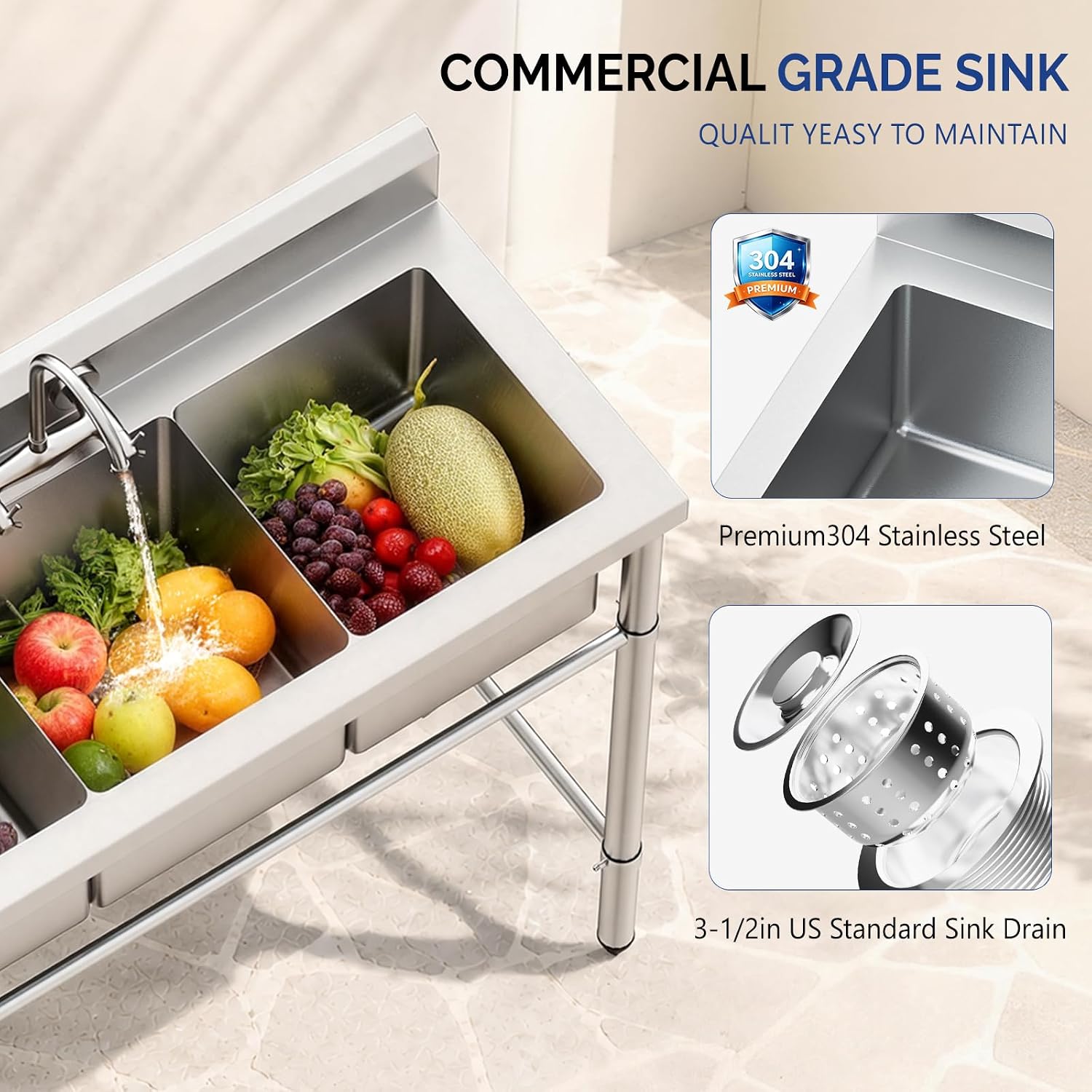 Bonnlo 3-Compartment NSF 304 Stainless Steel Utility Sink Commercial Grade Laundry Tub Culinary Sink for Outdoor Indoor, Garage, Restaurant, Kitchen