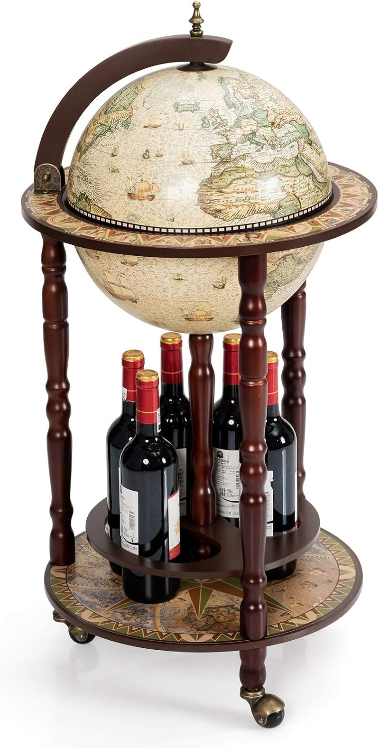 LDAILY Moccha 17” Globe Wood Wine Bar Stand, 16th Century Italian Replica Liquor Bottle Shelf w/Wheels, Wood Wine Cart Cabinet w/Bottom Shelf